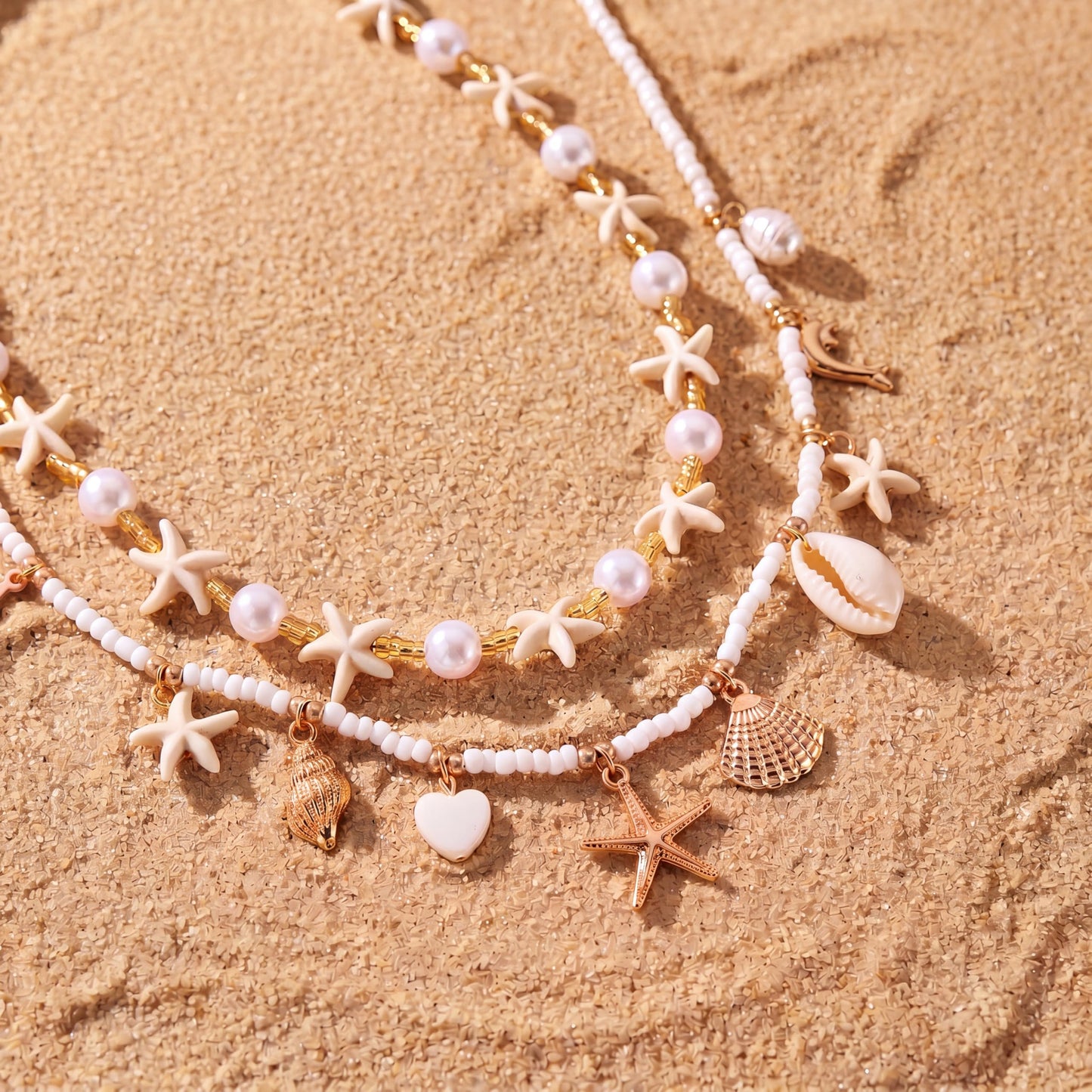 Shell Starfish Necklace for Women, Gold Plated Layered Pendant Necklace with Pearl Conch Charms, Boho Coastal Summer Beach Vacation Jewelry Gifts(Charm 2P)