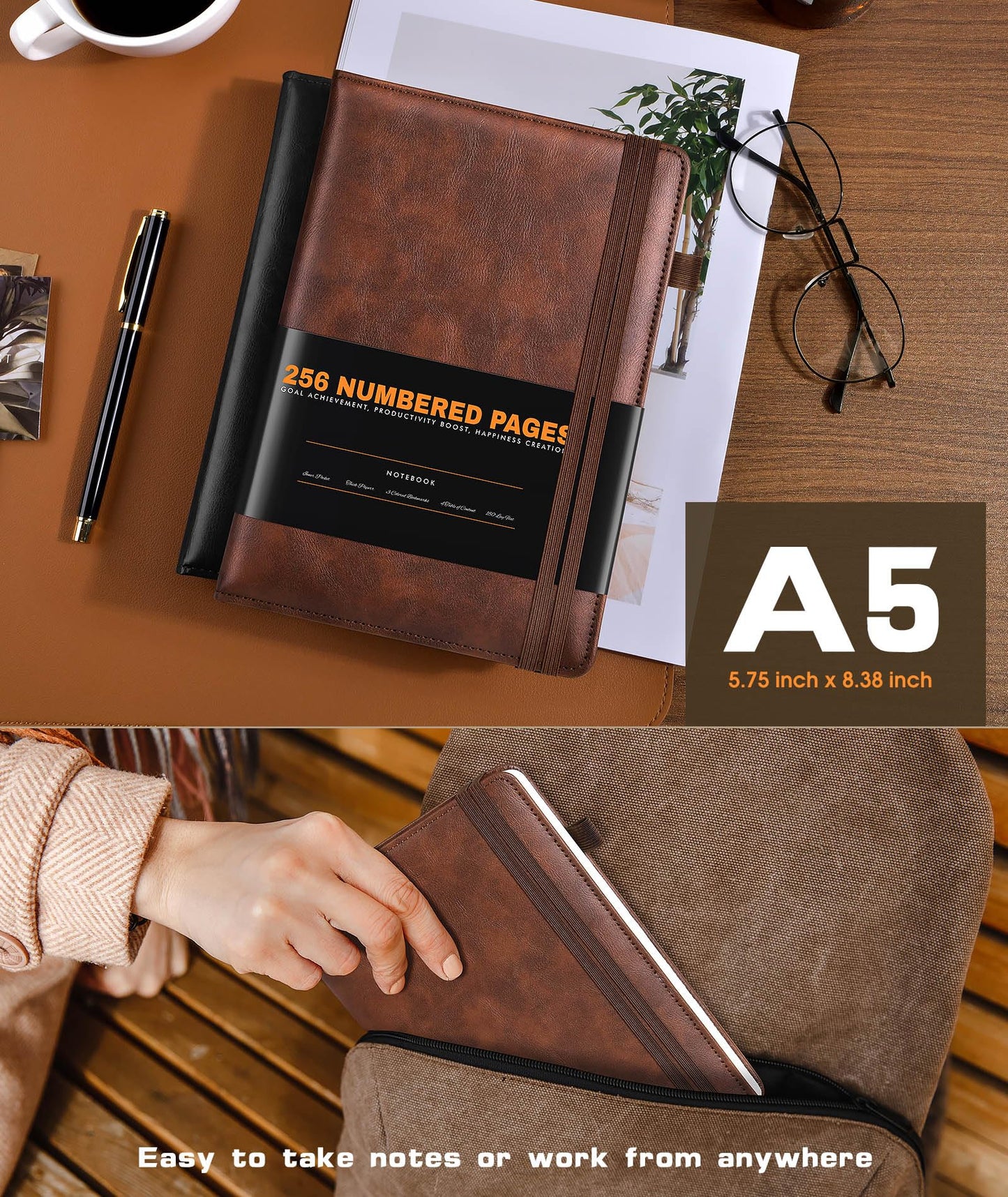 Lined Journal Notebook for Women Men, 256 Numbered Pages Hardcover Leather Journals for Writing, A5 Journaling Notebooks, College Ruled Journal for Business Work School Note Taking 5.75" x 8.38" Brown