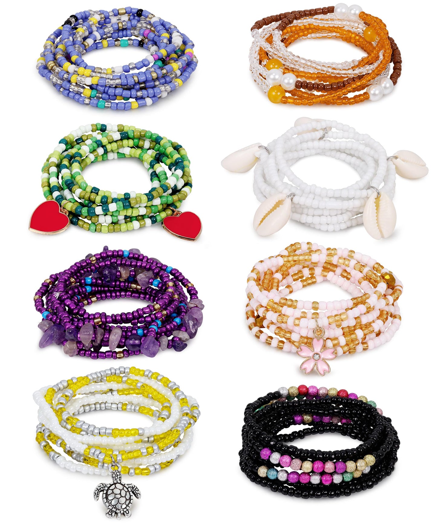 Masedy 8PCS African Waist Bead Chains for Women Layered Belly Body Chain Handmade Plus Size Beaded Belly Chain Colorful Elastic Flower Butterfly Body Chains Summer Beach Bikini Body Jewelry 45in B
