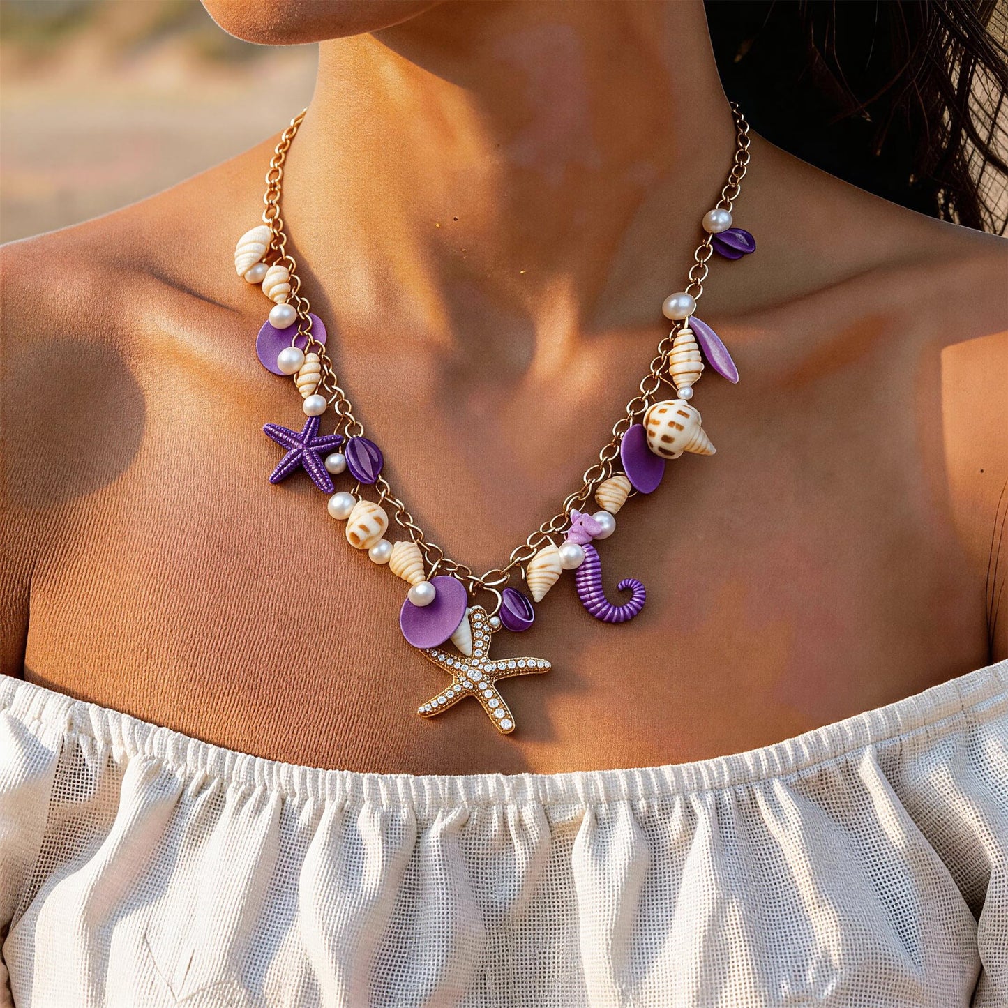 KummerSaprk Seashell Necklace Charm Necklace for Women Summer Vacation Jewelry for Women Starfish Sea Shell Pendant Jewelry Boho Beachy Stuff Accessories Gifts