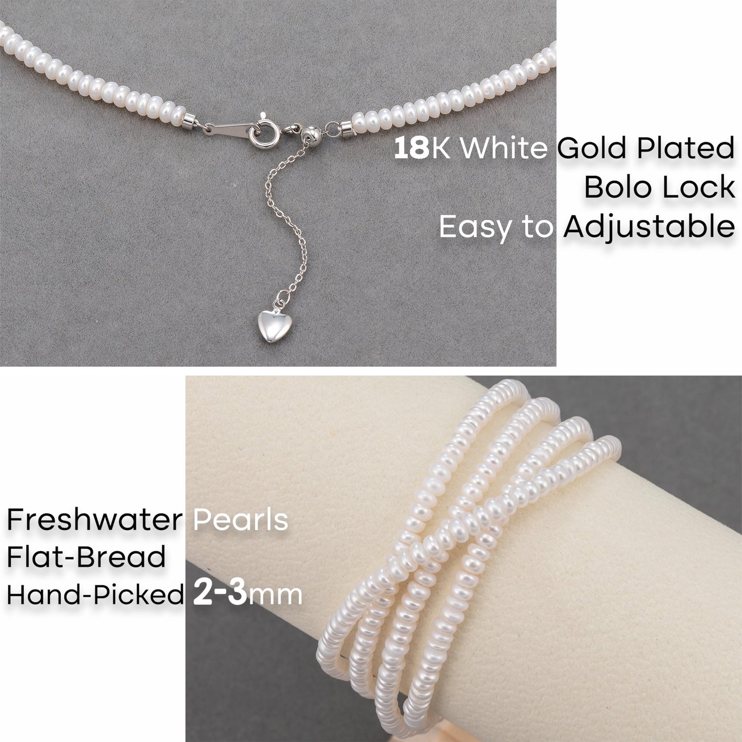 Pearls Necklace, Freshwater Tiny Small Bread Pearls Necklace for Women's Pearl Strand Necklace Chain 18K Gold Plated Hypoallergenic White Necklace as Prom Bridesmaid Birthday Gifts(Bread, 18KWGP Lock)