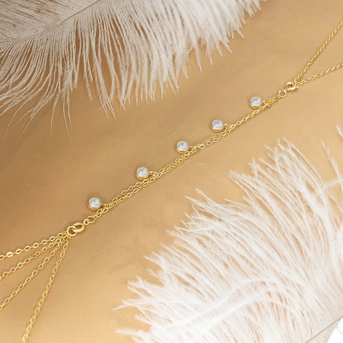 HERIER 14K Gold Plated Body Chain for Women Layered Rhinestone Chain Adjustable Sexy Beach Body Jewelry Belly Waist Chain Jewelry for Women Gifts