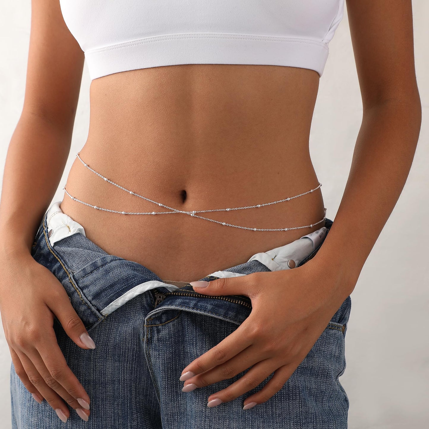 Waist Chain for Women 14K Silver Plated Body Jewelry Layered Waist Beads Chains Layered Bead Link Silver Belly Chain Belly Belt Chains Adjustable Sexy Bikini Body Jewelry Daily Belts Gifts for Women