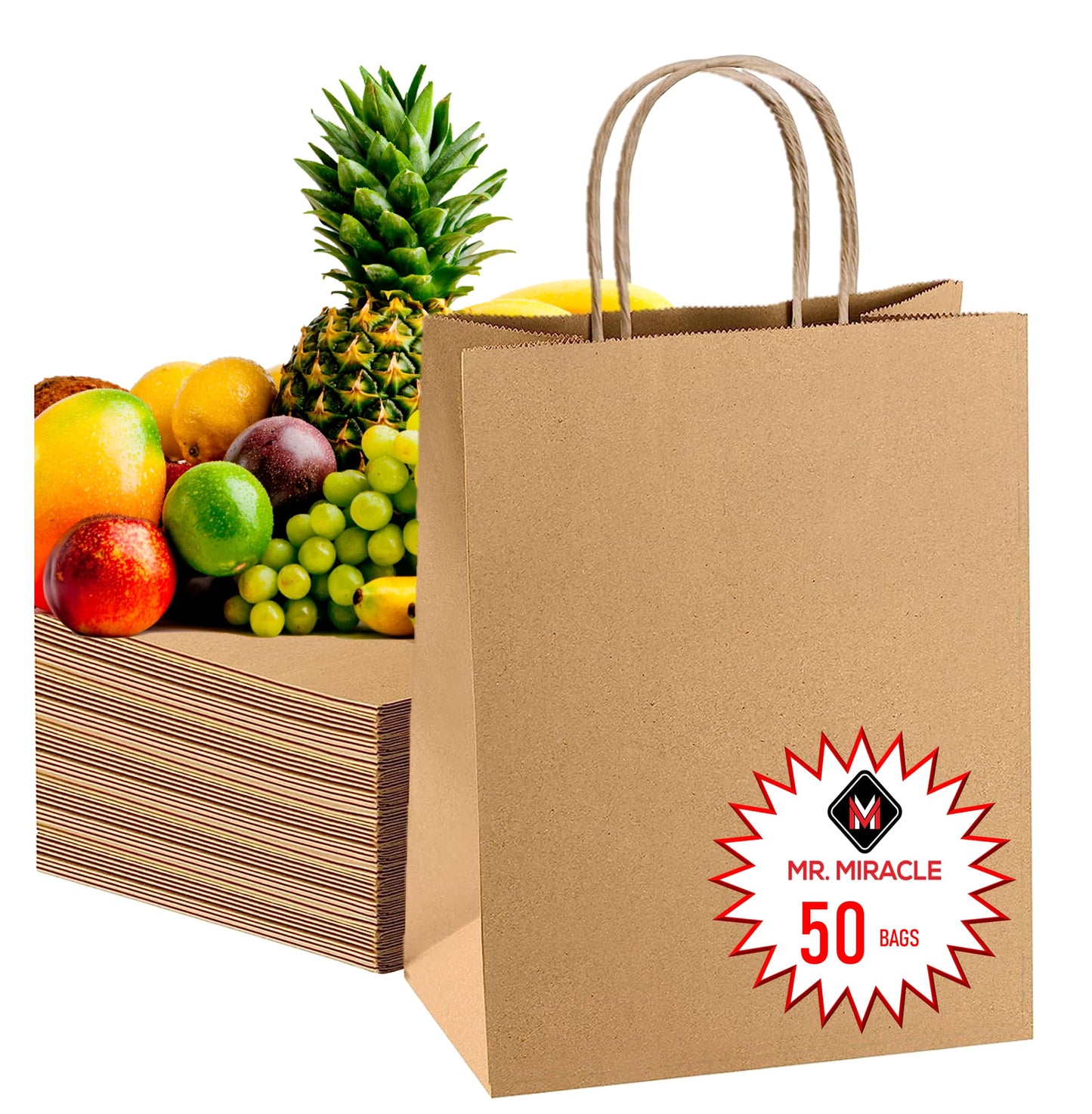 57 Lb Large Kraft Paper Grocery Bags with Handles - 50 Count 12 x 17 x 7 - Durable, Reusable & Eco-Friendly Shopping Bags, Brown Kraft Take-Out Bags for Retail, To-Go, Any Occasion (50, With Handles)