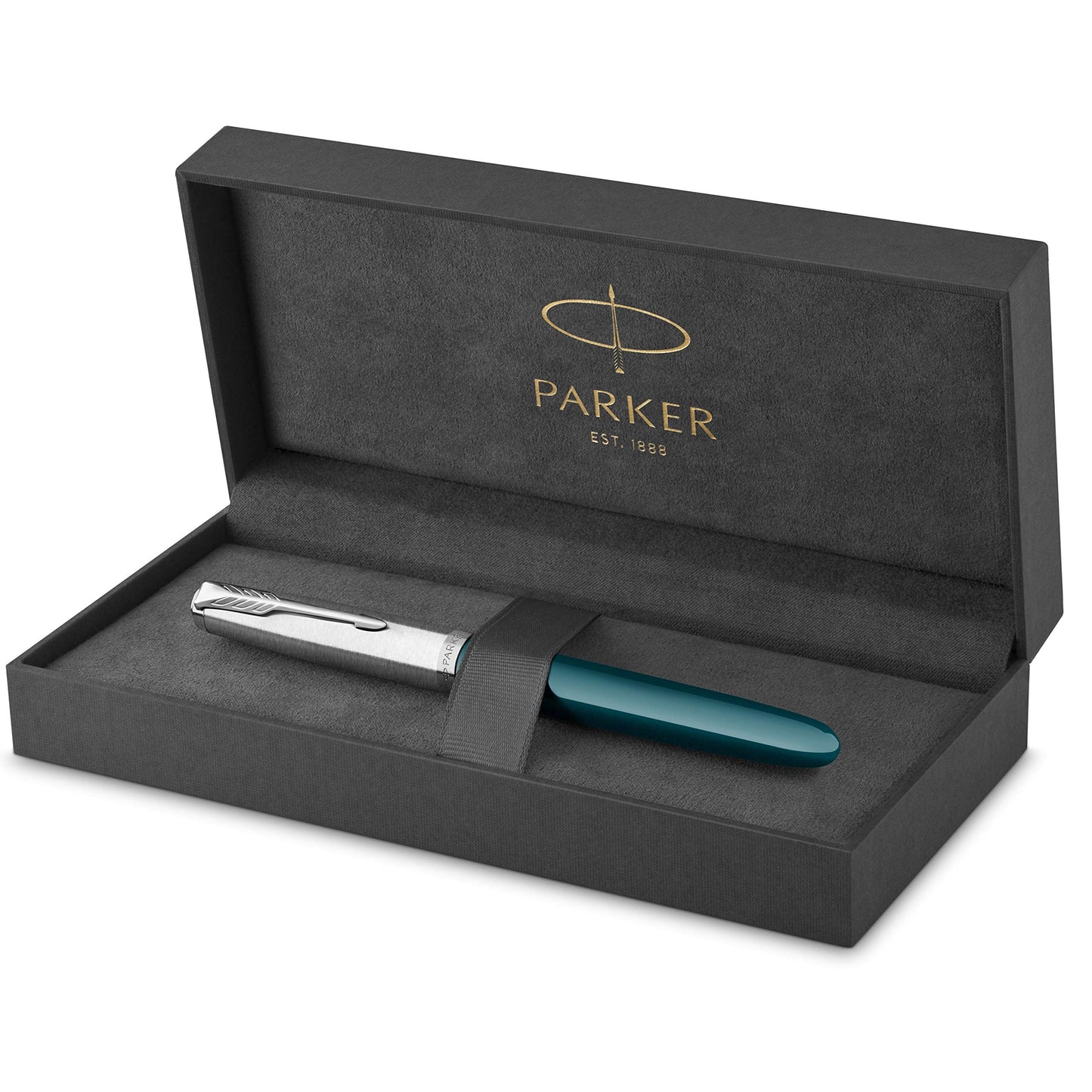 Parker 51 Fountain Pen Teal Blue Barrel with Chrome Trim Fine Nib with Black Ink Cartridge Gift Box