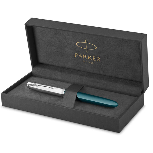 Parker 51 Fountain Pen Teal Blue Barrel with Chrome Trim Fine Nib with Black Ink Cartridge Gift Box
