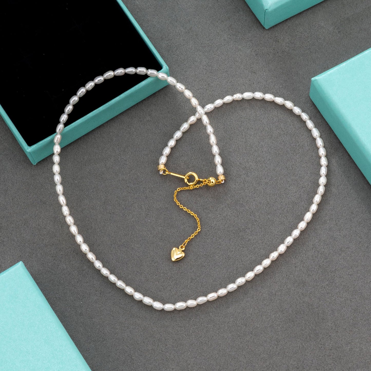 Pearls Necklace, Freshwater Tiny Small Rice Pearls Necklace for Women's Pearl Strand Necklace Chain 18K Gold Plated Hypoallergenic White Necklace as Prom Bridesmaid Birthday Gifts(Rice, 18KGP Lock)