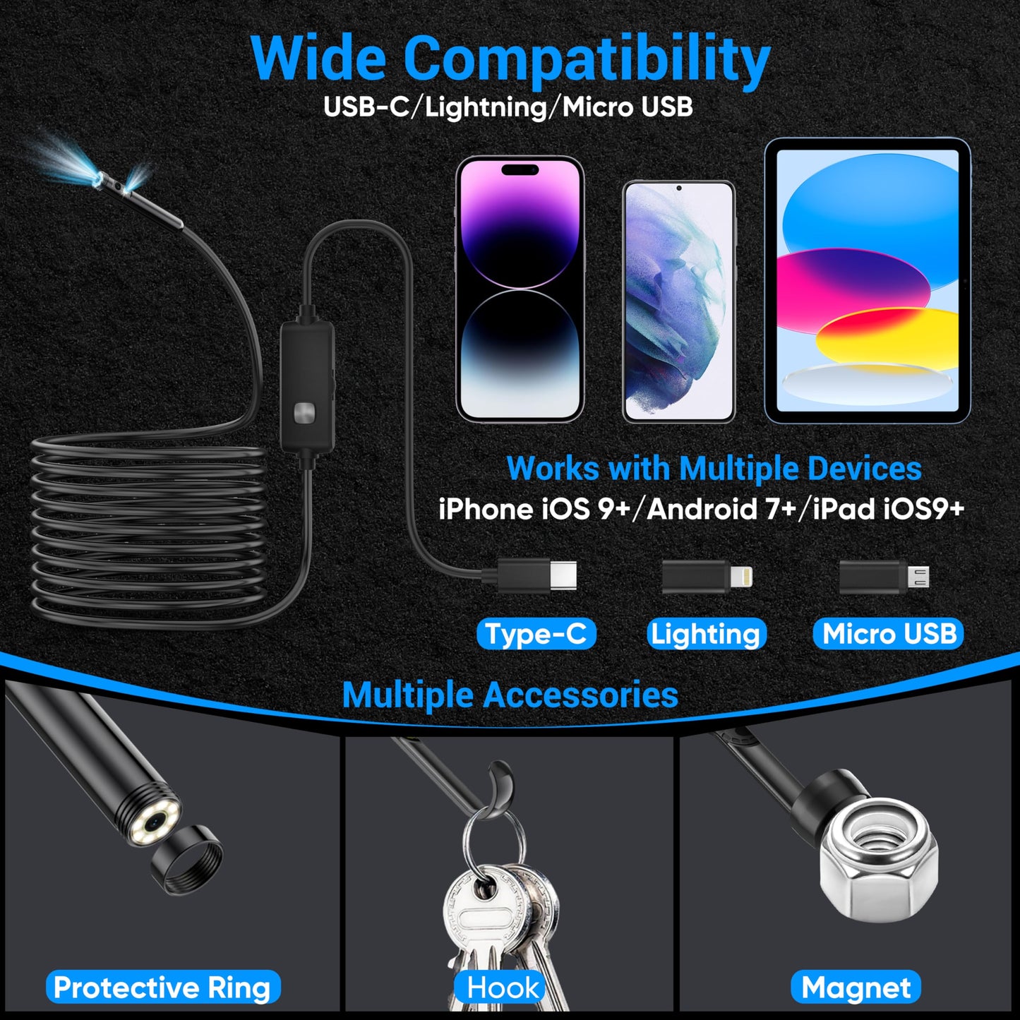 [Dual-Lens] Endoscope Camera with Light,1920P HD Borescope with 8+1 Adjustable LED Lights, IP67 Waterproof Endoscope with Semi-Rigid Snake Cable, Inspection Borescope for iOS and Android-16.4ft