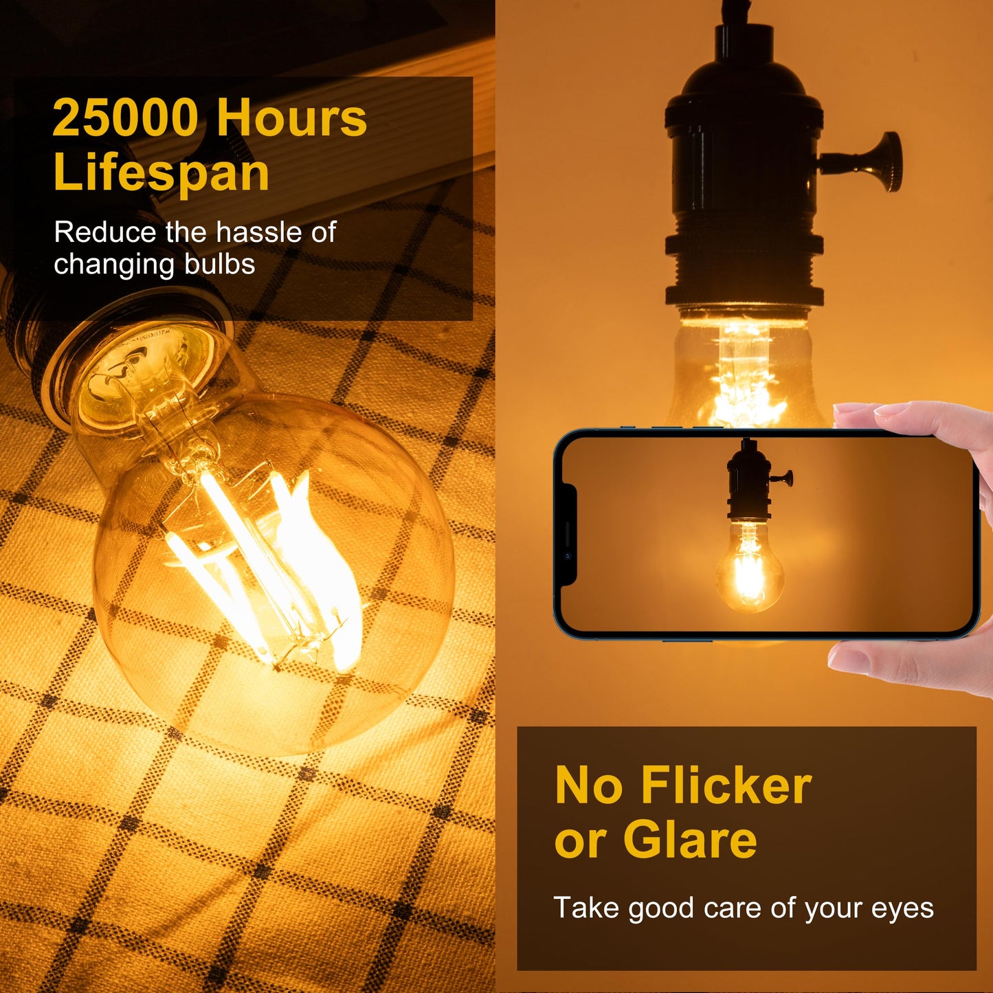runquiz 2700K Warm Light Edison Bulbs, Vintage Warm Yellow A19 Edison Bulb, Dimmable Amber Led Soft Light Bulbs, Old Style Retro Filament Bulb, 4 Watt, 6 Pack, E26 Base