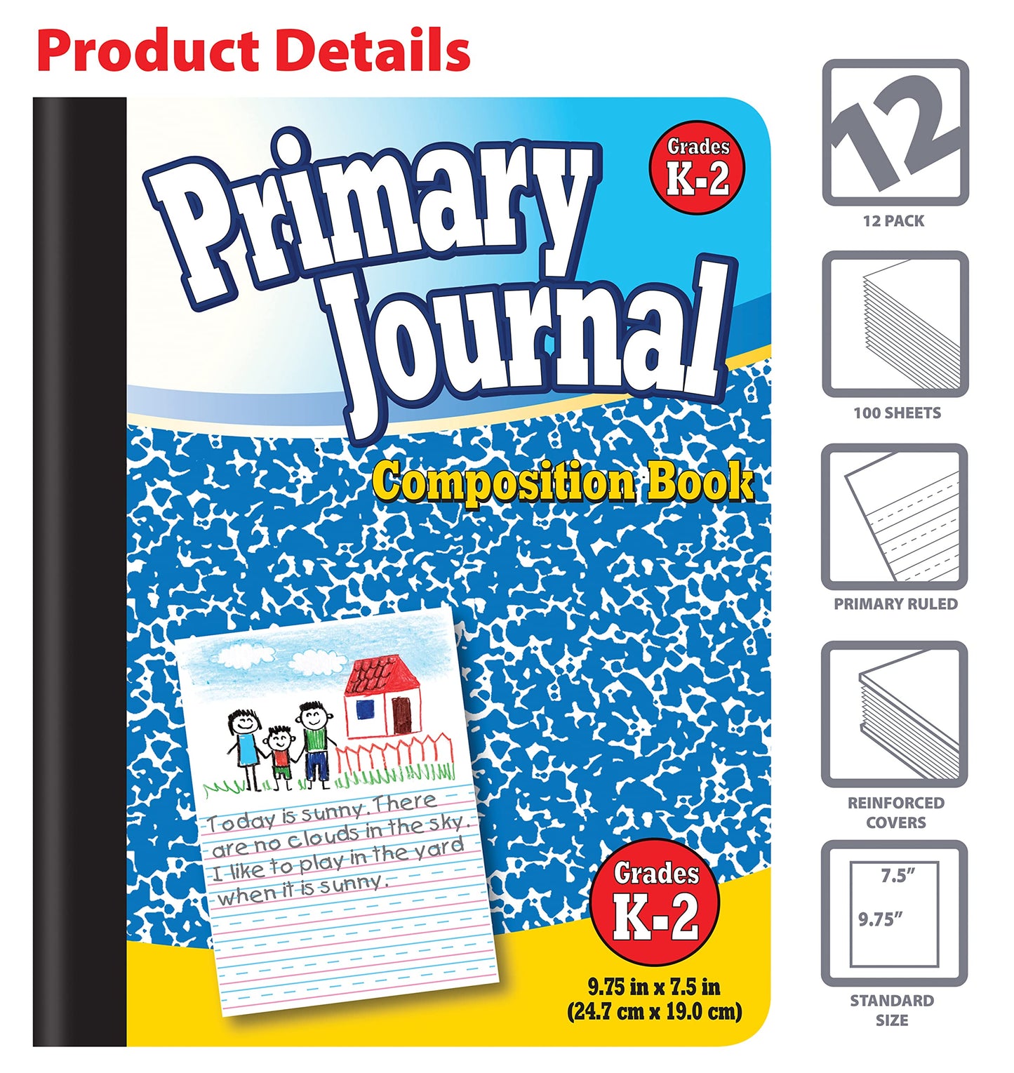 Better Office Products Primary Journal, Hardcover, Primary Composition Book Notebook - Grades K-2, 100 Sheet, One Subject, primary composition notebook with picture space
