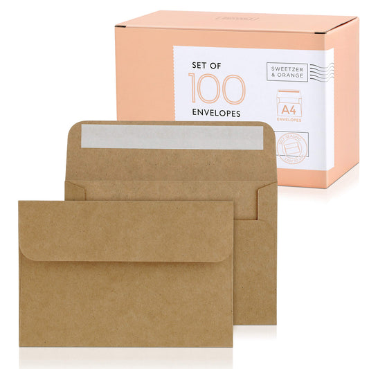 Sweetzer & Orange A4 Brown Self Seal Envelopes, 100 Pack, 4x6 Inches (4.25 x 6.25 in.), Kraft 150gsm, Blank Envelopes for Invitations, Wedding, and Mailing