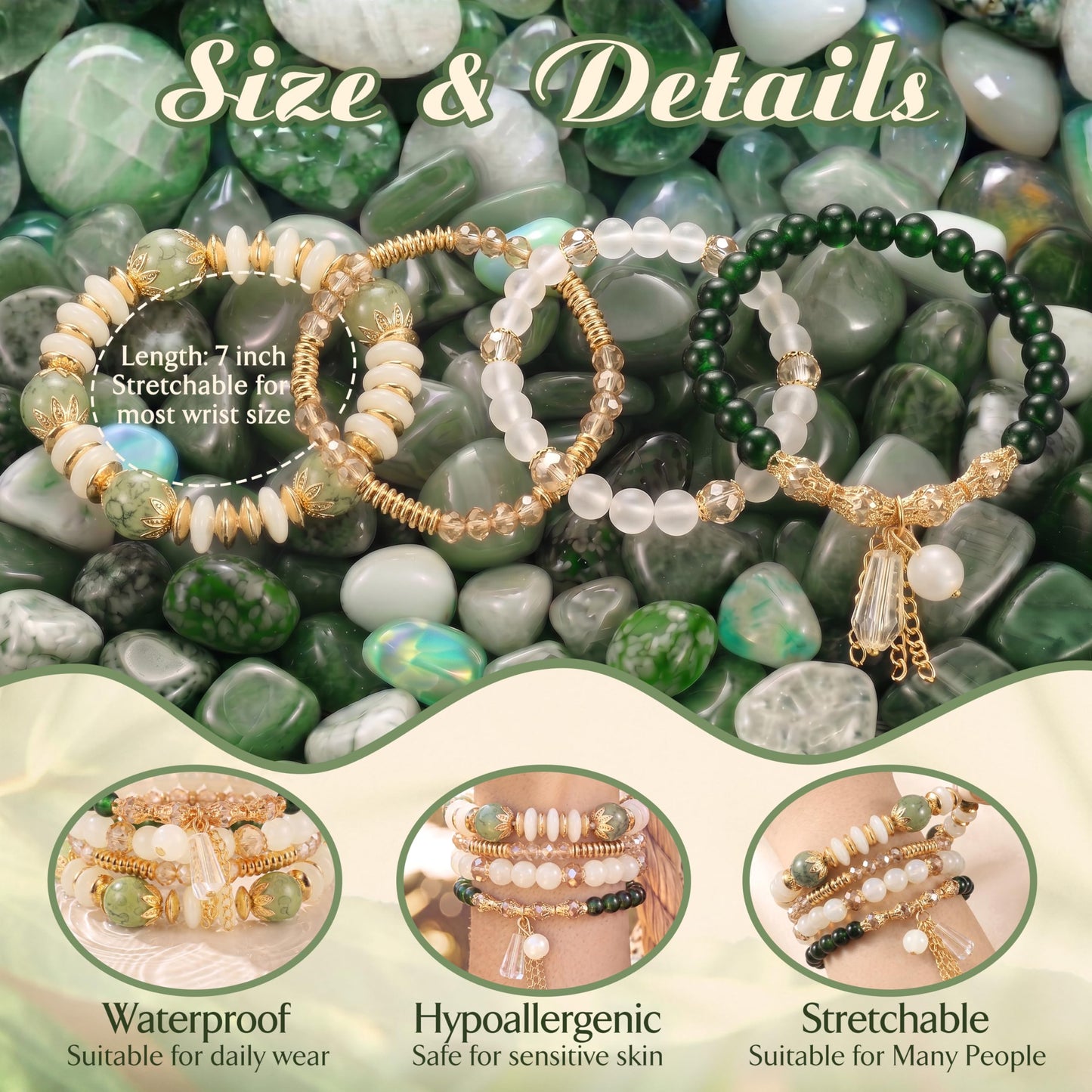 Tungary 4Pcs Beaded Bracelets for Women Bohemian Bracelet Stacks Handmade Natural Stone Stretch Bracelets Multi-Color Daily Wear Accessories Summer Beach Boho Jewelry Gift Green Bracelet Set