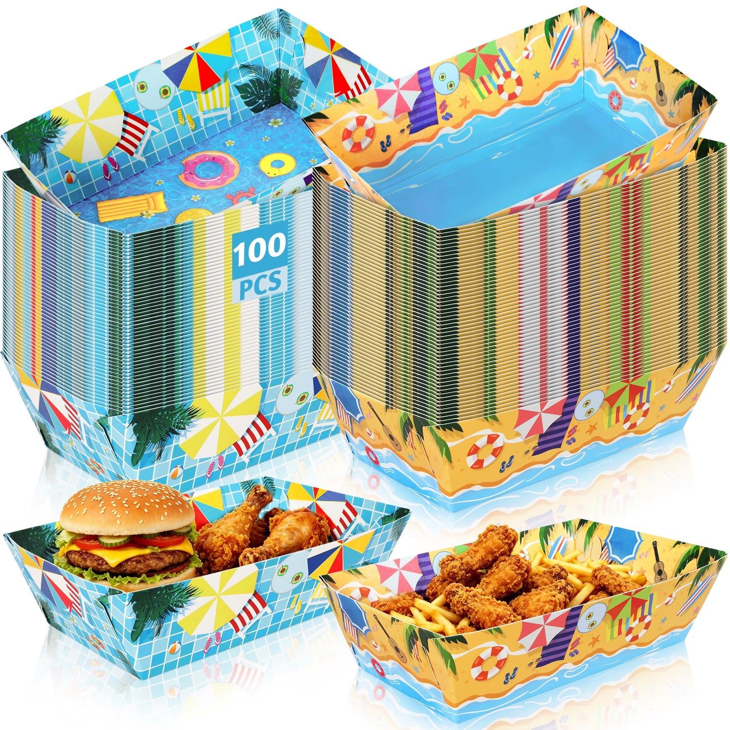 100 Pcs Pool Party Decorations, 5.94" x 3.34" x 2.16" Summer Beach Pool Party Snack Trays, Disposable Paper Food Trays with 2 Designs, Serving Plates for Tropical Hawaiian Summer Themed Decorations