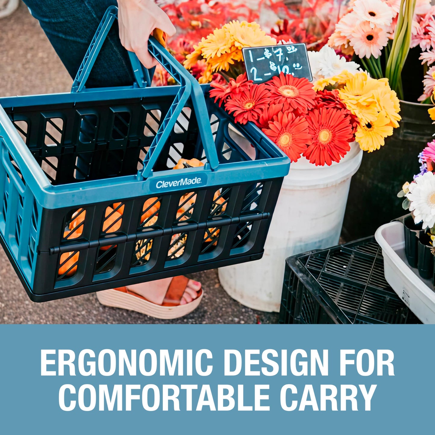 CleverMade Eco Collapsible Shopping Basket with Handles, 24L Ocean, 3 Pack