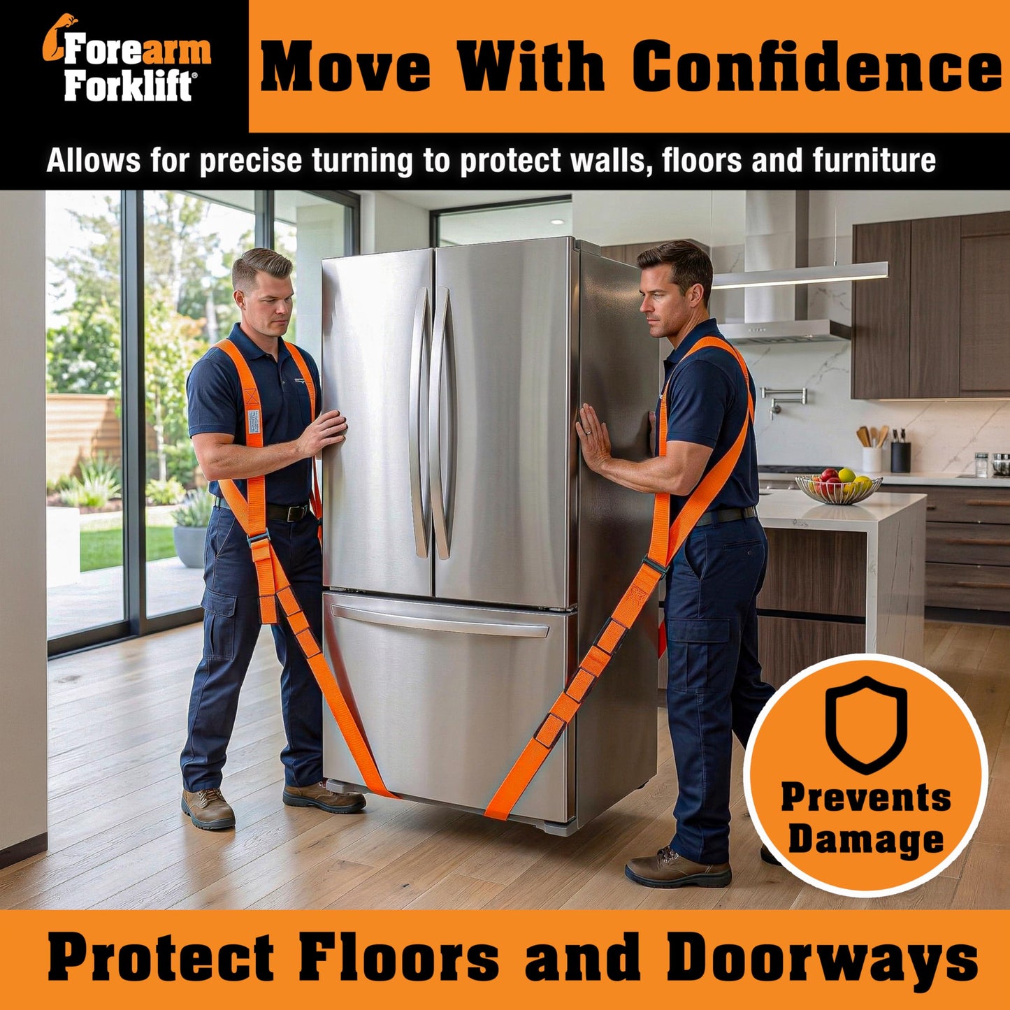 Forearm Forklift Shoulder Harness – Standard - Lift and Move Furniture, appliances, Supports up to 800 lb. Moving Harness Set, 2 Harnesses and 2 Center Straps that are ea 9’4” Long, 1 Pack, Orange