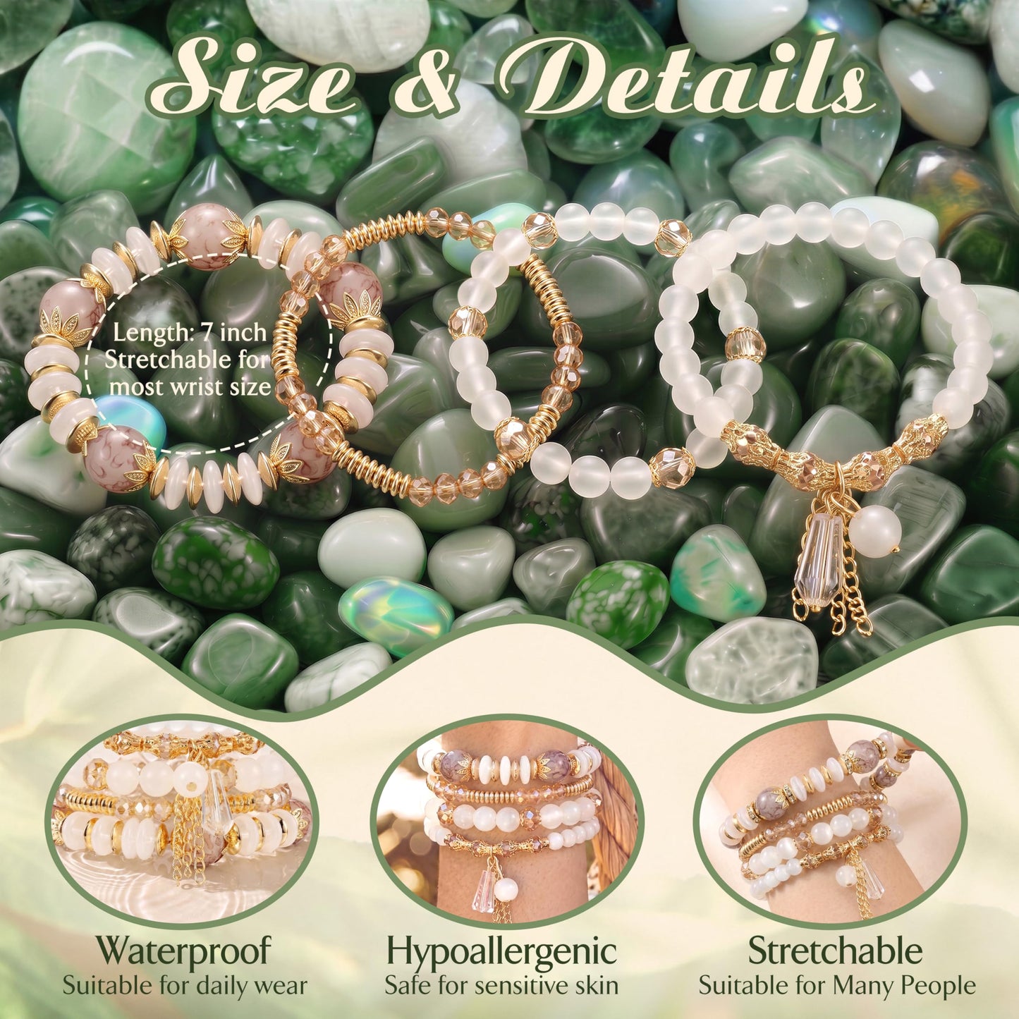 Tungary 4Pcs Beaded Bracelets for Women Bohemian Bracelet Stacks Handmade Natural Stone Stretch Bracelets Multi-Color Daily Wear Accessories Summer Beach Boho Jewelry Gift White Bracelet Set