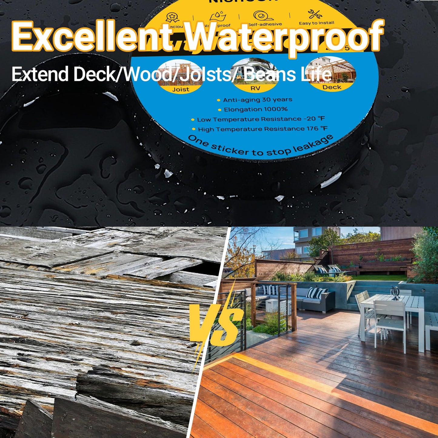 NISHCON Butyl Sealant Tape 4" x 50', Deck Joist Tape for Decking, Waterproof and Anti-Corrosion for Extend Deck Life, 2 Rolls