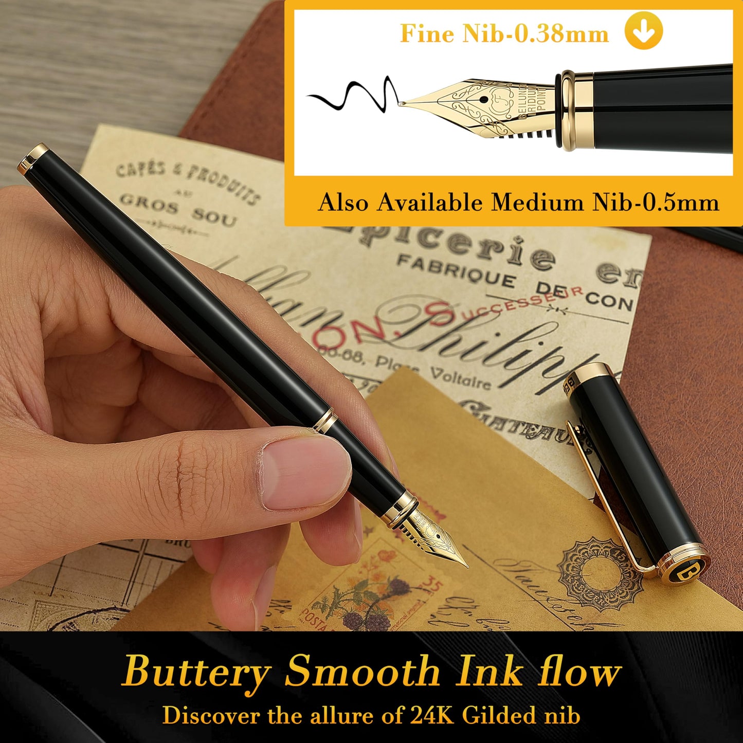 BEILUNER Black Personalized Fountain Pen,Stunning Luxury Lacquer,24K Gilded Nib(Fine),Gorgeous 24K Gold Finish, Ink Converter,Fancy Office Gift for Men&Women-Elegant, Graduation,Nice Pens for Writing