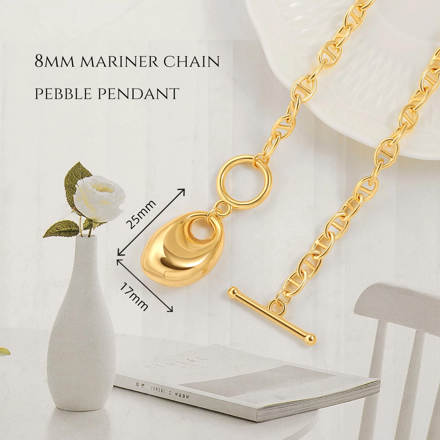 PEARLADA Statement 18k Gold Plated Teardrop Necklace, Pebble Pendant Mariner Chain Necklace with Trendy Toggle Clasp