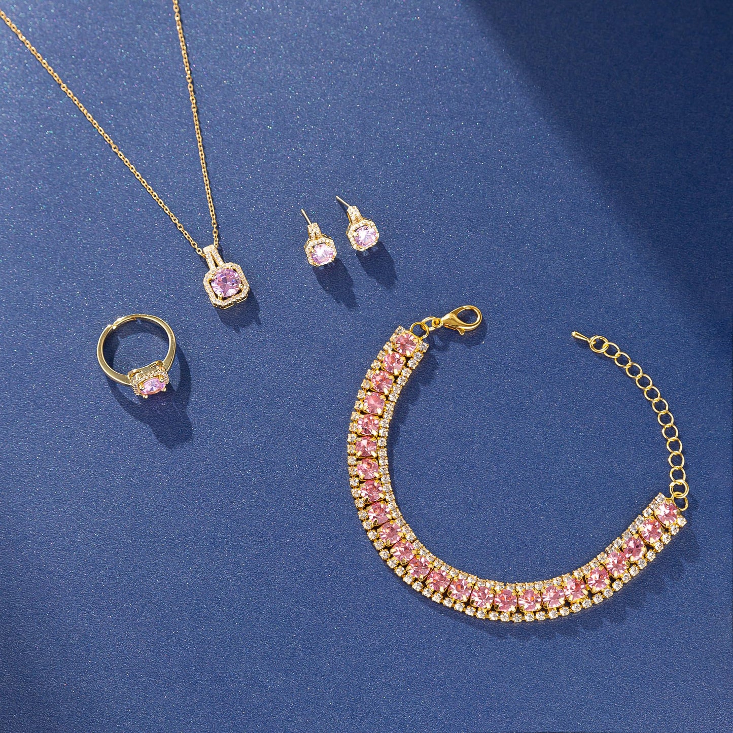 4pcs Wedding Jewelry Sets for Bride & Bridesmaid - Gold Plated Pink Cubic Zirconia Pendant, Earrings, Link Tennis Bracelet & Open Ring