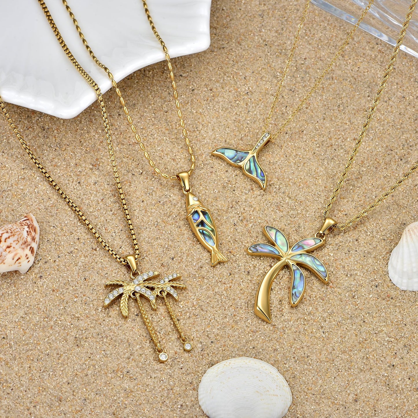 NUZON Abalone Shell Palm Tree Necklace for Women, 18K Gold Plated Stainless Steel Coconut Tree Pendant, Waterproof Hypoallergenic 20.5 Inch Twisted Rope Chain, Tropical Beach Vacation Jewelry Gift for Her