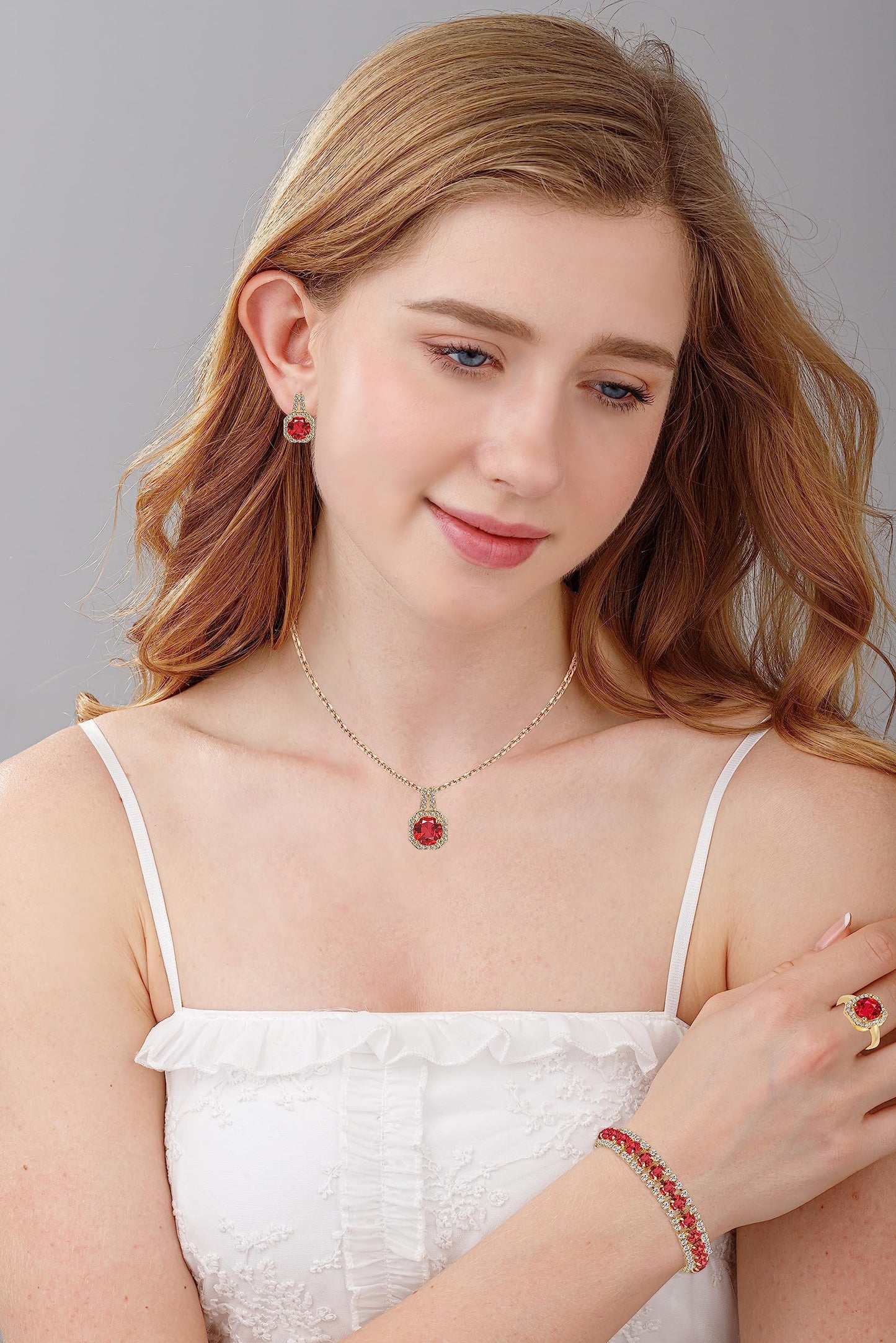 Paxuan Crystal Rhinestone Wedding Jewelry Sets Bridal Pendant Necklace Stud Earrings Link Bracelets Rings Set for Women (Gold Plated Red Cubic Zirconia)