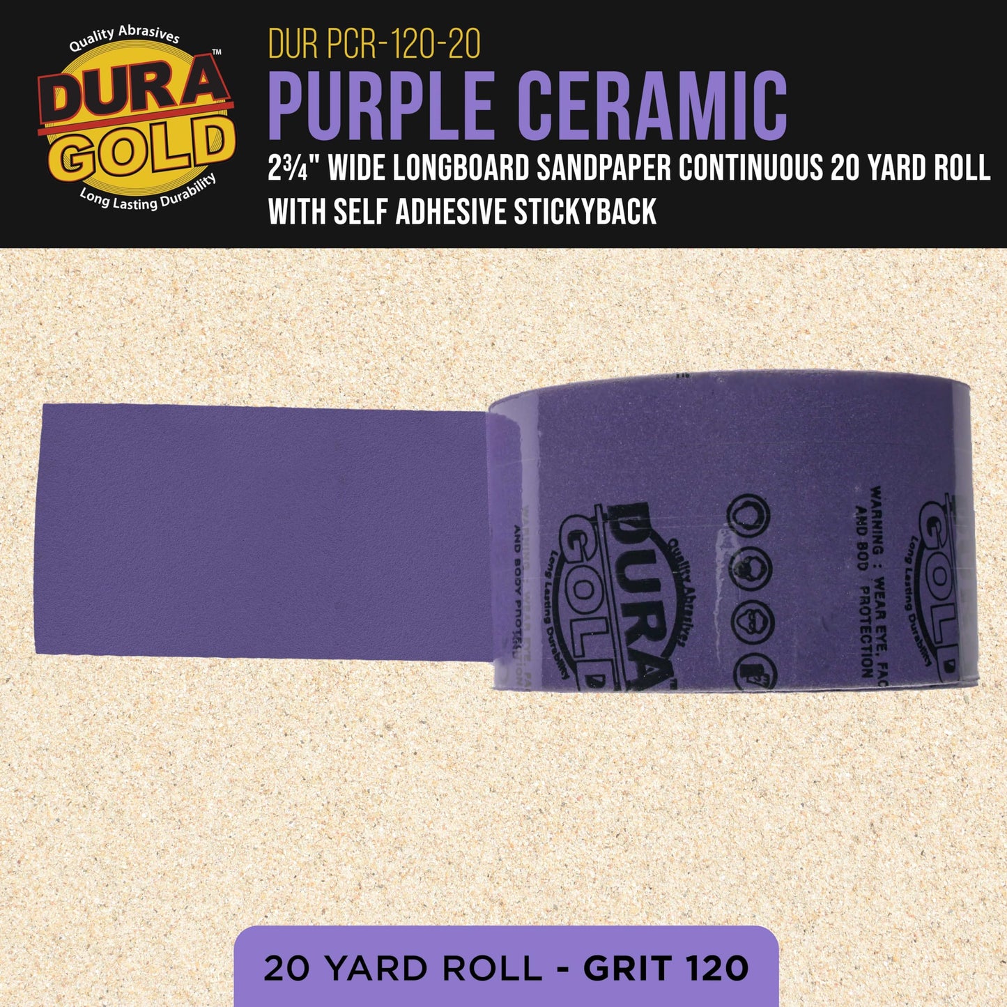 Dura-Gold Premium 120 Grit PSA Purple Film Ceramic Longboard Sandpaper, 2-3/4" Wide Continuous 20 Yard Roll - Self Adhesive Stickyback for Auto & Wood Air File Long Board Sanders, Hand Sanding Blocks
