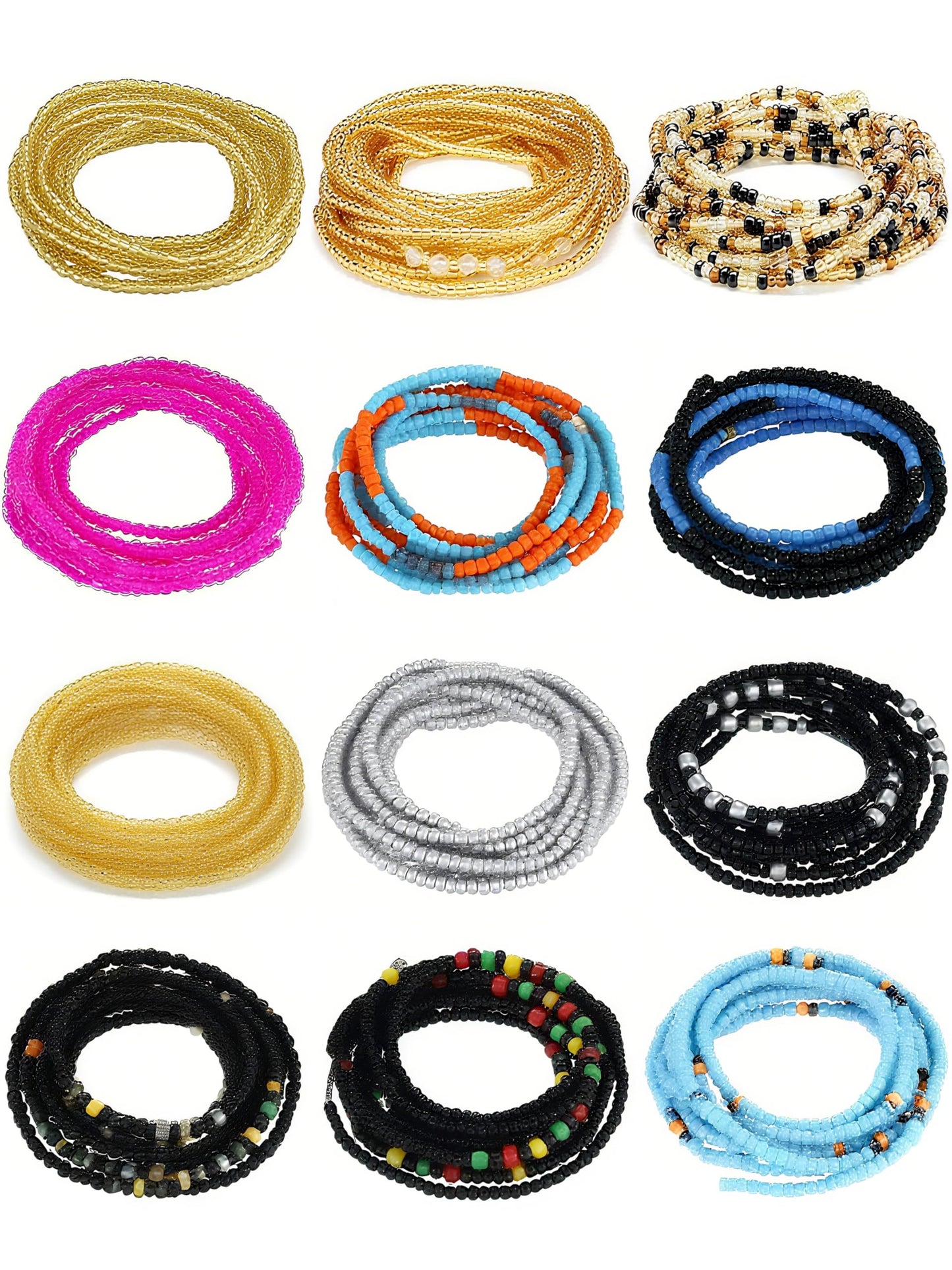 Fumete 12 Pcs Waist Beads Set Handmade African Belly Beads Chain Plus Size Body Jewelry Non Stretching Belly Chain for Women(Stylish,50 Inch)