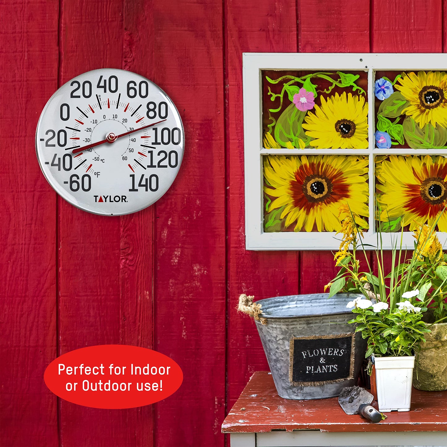 Taylor Metal Wall Indoor Outdoor Thermometer, Wireless Thermometer with Easy to Read Large Numbers for Patio, Pool, and Indoor Areas, 12-inch, White