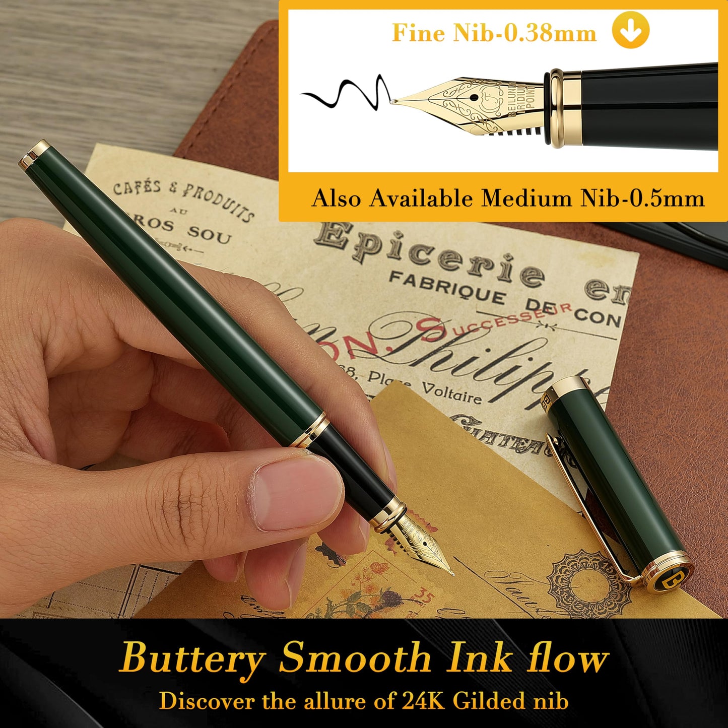 BEILUNER Racing Green Fountain Pen,Stunning Luxury Pens with 24K Gold Finish, Gorgeous 24K Gilded Nib(Fine), Trustworthy Gift for Men&Women -Ink Converter-Elegant, Graduation,Fancy Pen for Writing