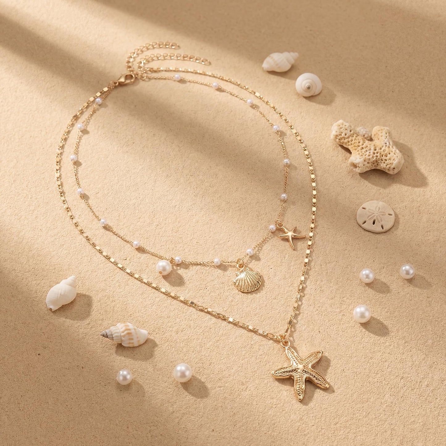 Shell Starfish Necklace for Women, Gold Plated Layered Pendant Necklace with Pearl Conch Charms, Boho Coastal Summer Beach Vacation Jewelry Gifts(Shell&Starfish)