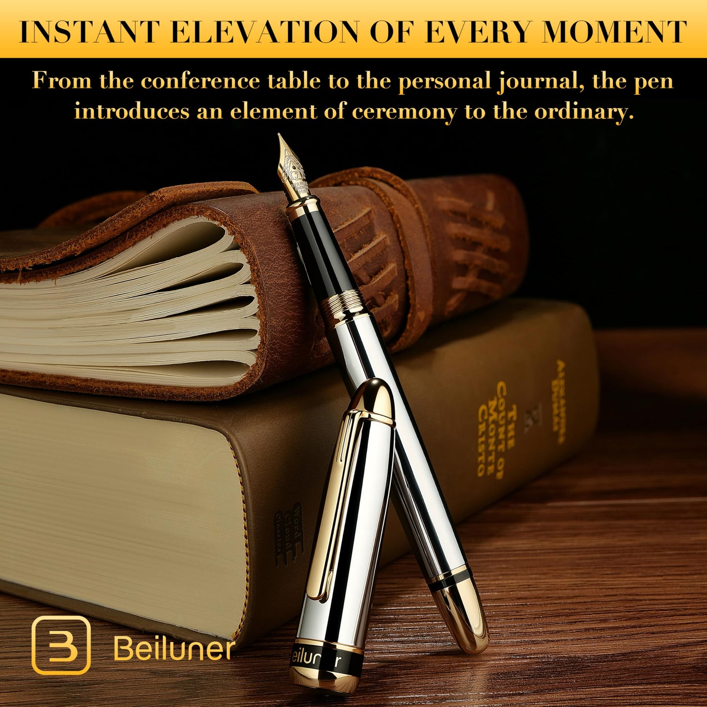 BEILUNER 315 Silver Chrome Fountain Pen,Stunning Luxury Pens with 24K Gold Accents, Gorgeous 24K Gilded Nib(Fine), Ink Converter,Fancy Pen Gift for Men&Women-Elegant, Office, Writing, Nice Design