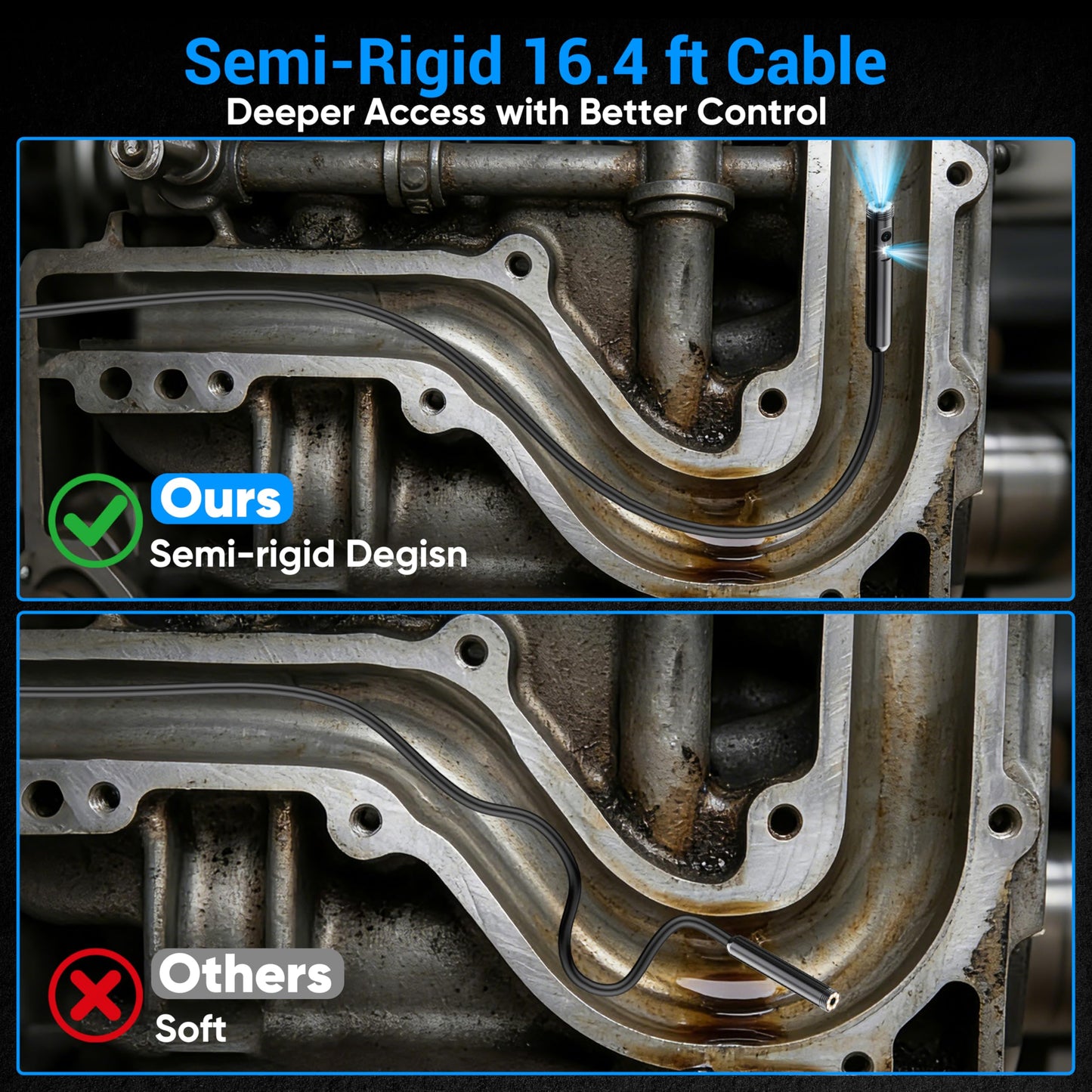 [Dual-Lens] Endoscope Camera with Light,1920P HD Borescope with 8+1 Adjustable LED Lights, IP67 Waterproof Endoscope with Semi-Rigid Snake Cable, Inspection Borescope for iOS and Android-16.4ft