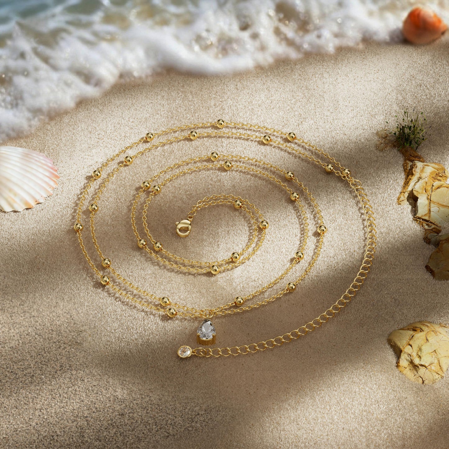 MOODEAR 14K Gold Plated Waist Chain for Women – Double Layered Belly Bead Body Chain Belt with CZ Charm, Waterproof Summer Beach Jewelry for Bikini, Dress & Vacation