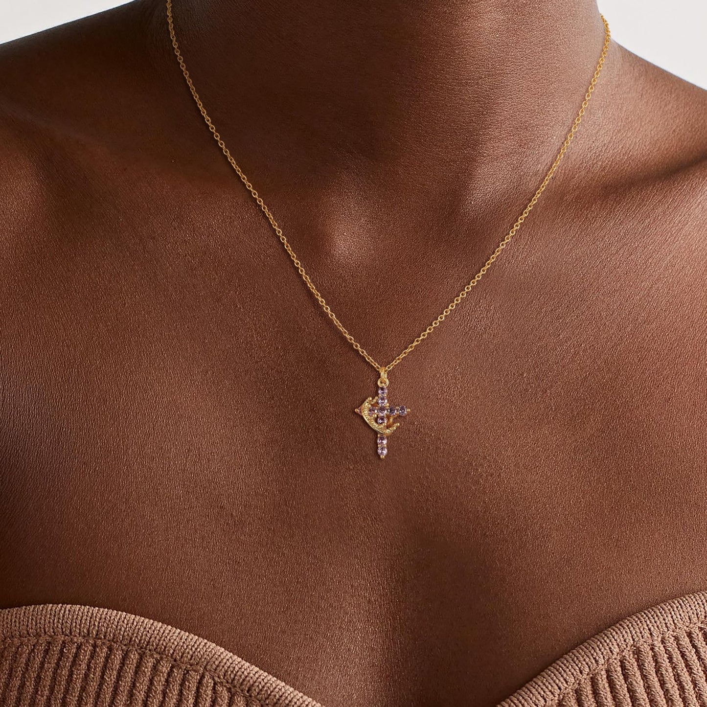 Robaice Birthstone Crown Cross Necklace for Women, Gold-Plated Christian Faith Necklace, Cross Jewelry Gift for Women, June Purple Alexandrite Gift
