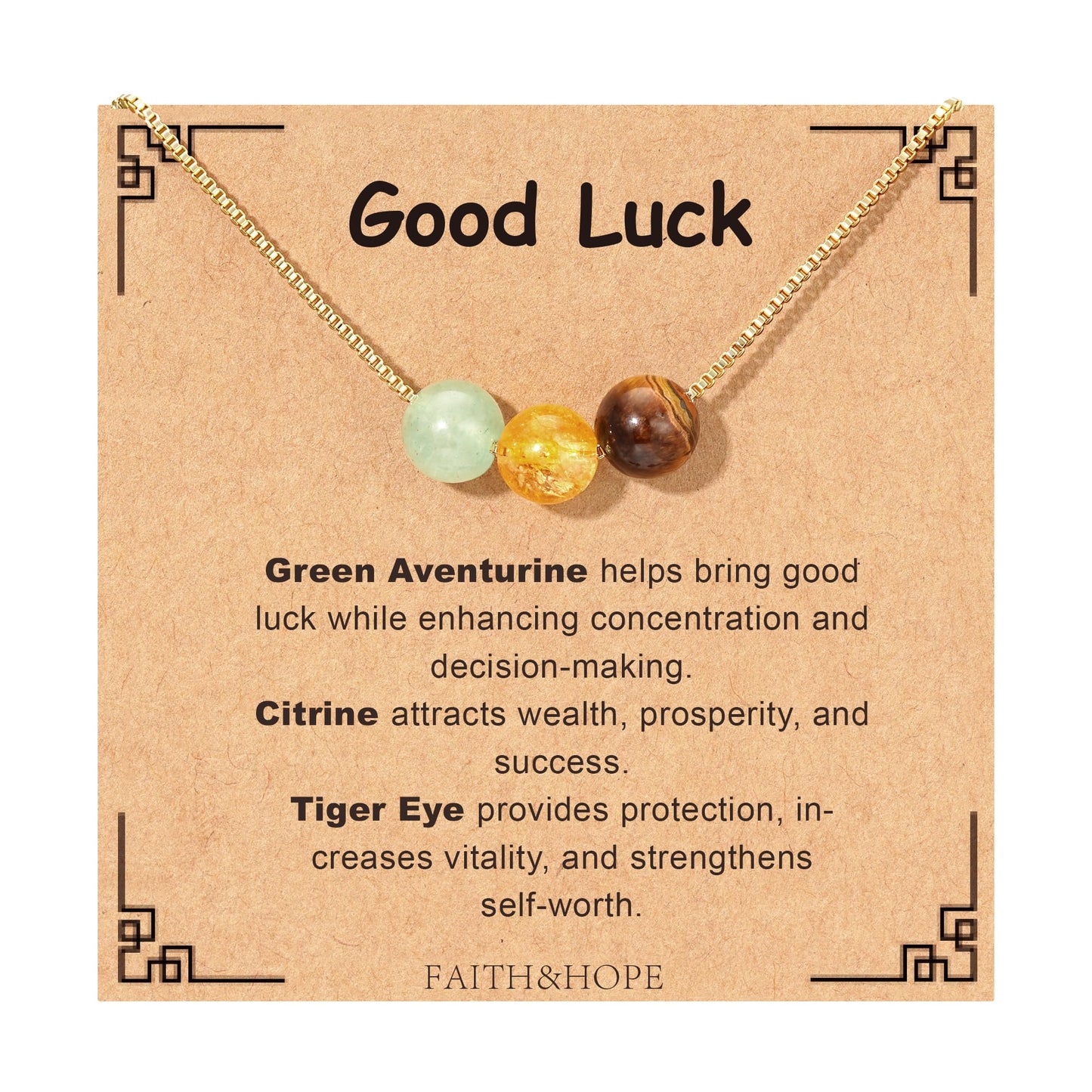 Suarlly Healing Crystal Necklace for Women 14k Plated Gold Beaded Necklace Tiger Eyes Relief Triple Protection Good Luck Gifts for Friends Sister Mom Daughter Jewelry