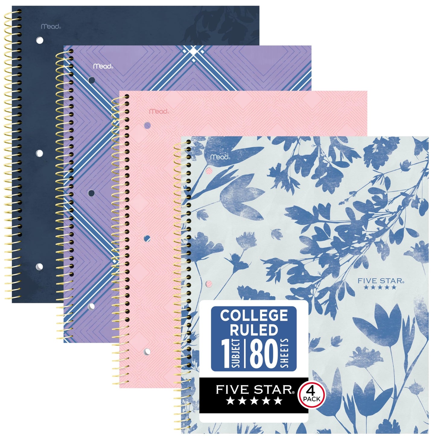 Five Star Spiral Notebook + Study App, 1 Subject, College Ruled Paper, 8-1/2" x 11", 80 Sheets, Styles, 4 Pack (850222F)