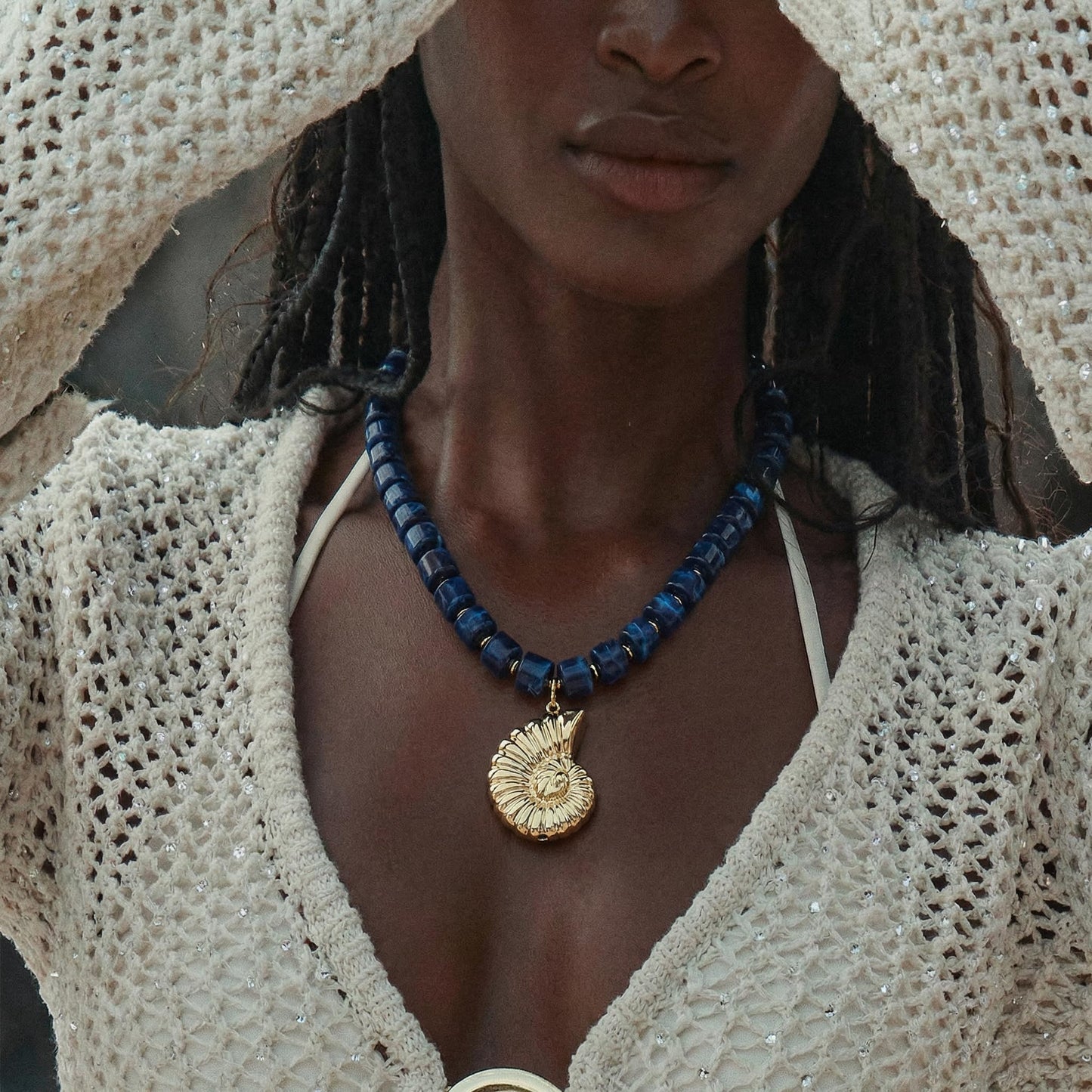 CLASSYZINT Chunky Conch Necklace Blue Beaded with Gold Shell Pendant Boho Summer Party Everyday Wear for Women