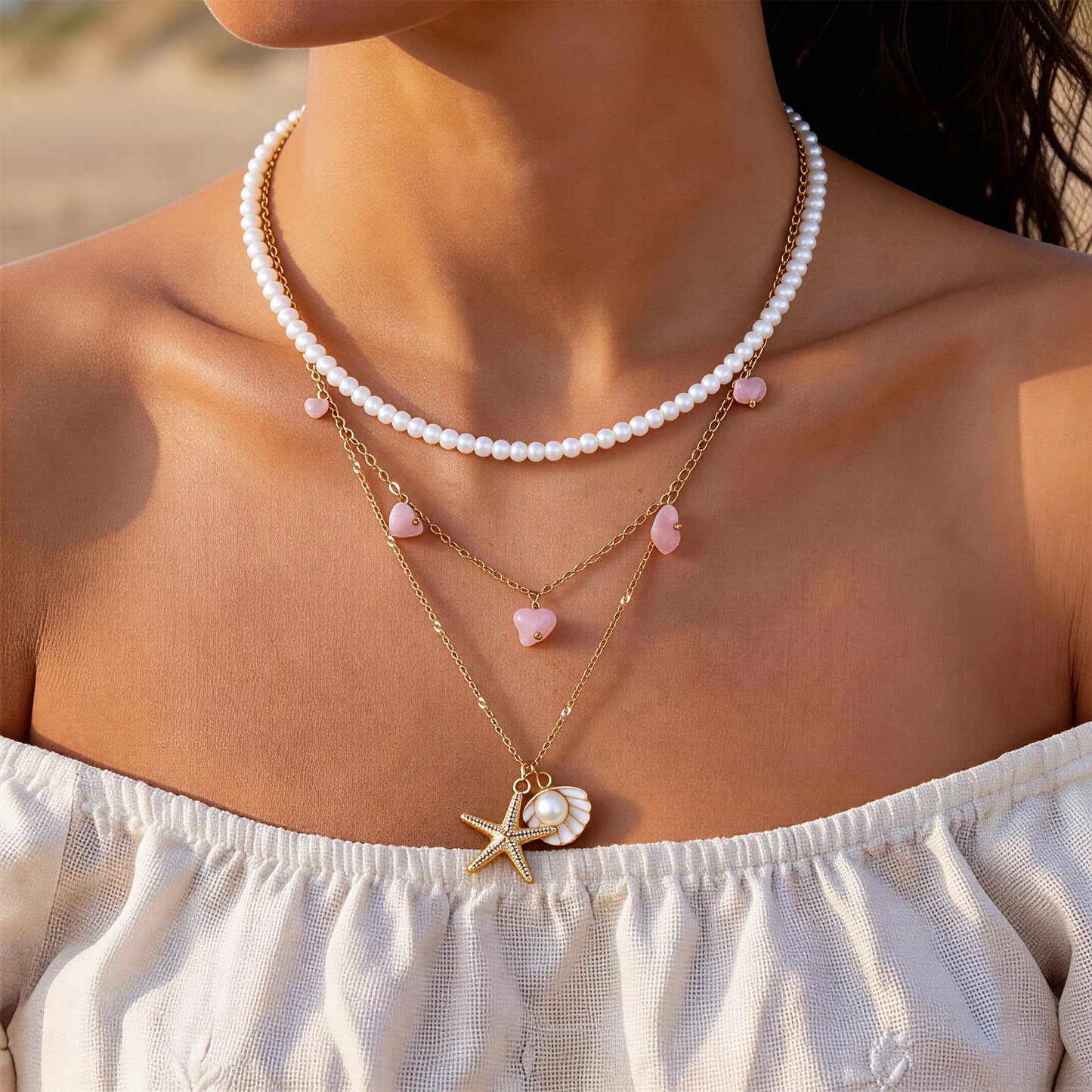 KummerSaprk Seashell Necklace Summer Vacation Jewelry for Women Gold Beachy Necklace Stack Starfish Flower Cowrie Sea Shell Pendant Necklaces Summer Essentials Accessories Gifts