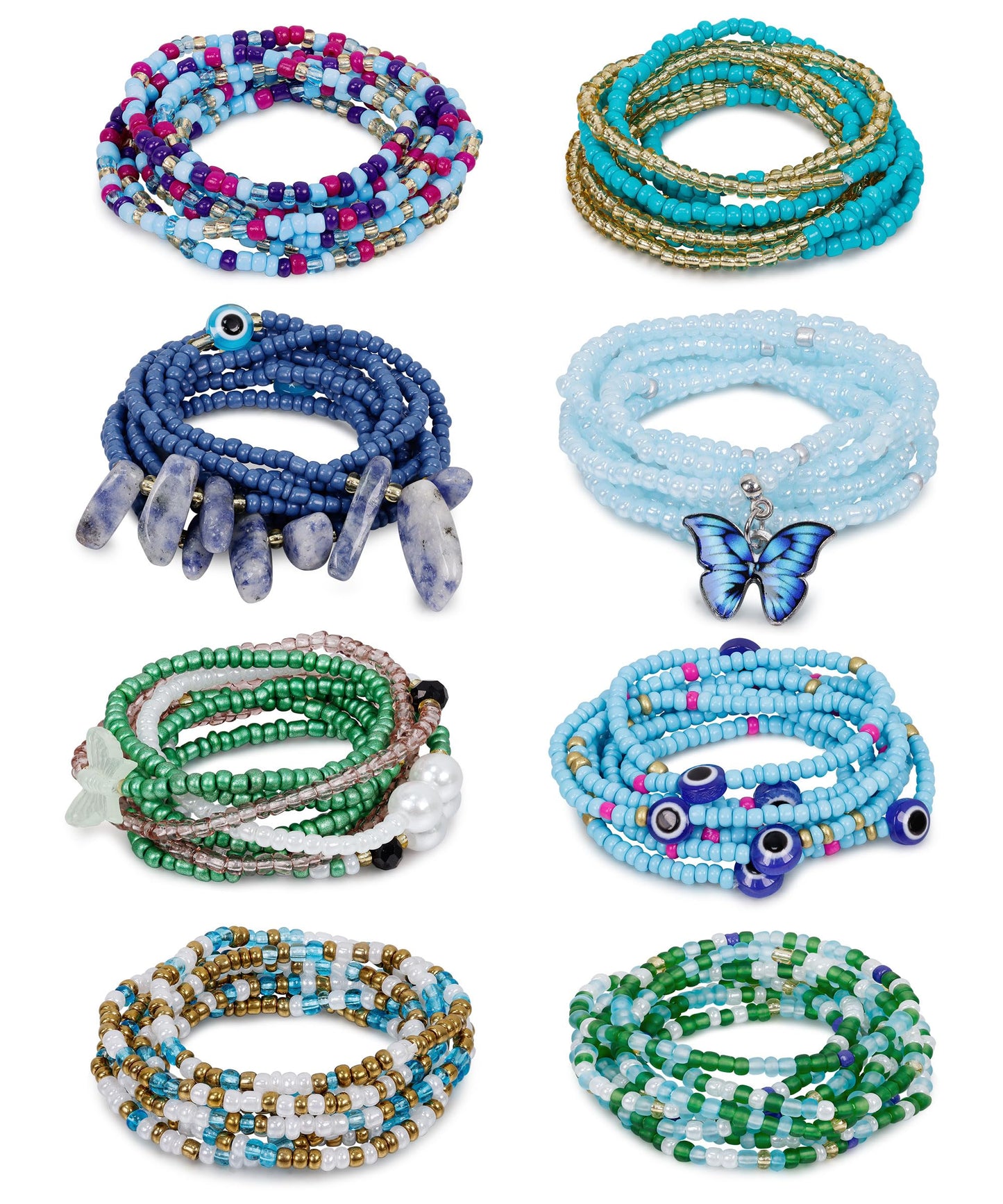 Masedy 8PCS African Waist Bead Chains for Women Layered Belly Body Chain Handmade Plus Size Beaded Belly Chain Colorful Elastic Flower Butterfly Body Chains Summer Beach Bikini Body Jewelry 31in C