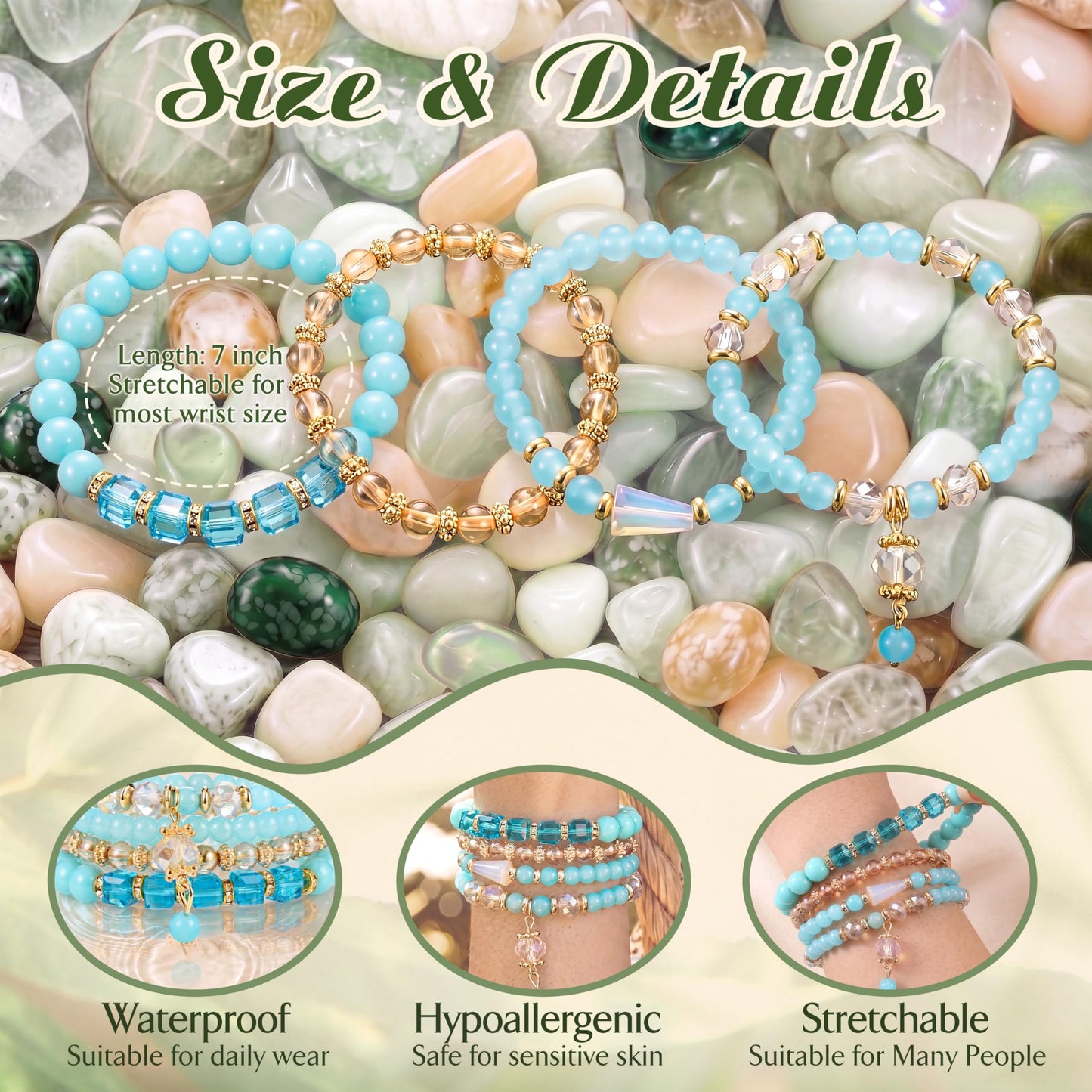 Tungary 4Pcs Beaded Bracelets for Women Bohemian Bracelet Stacks Handmade Natural Stone Stretch Bracelets Multi-Color Daily Wear Accessories Summer Beach Boho Jewelry Gift Light-blue Bracelet Set