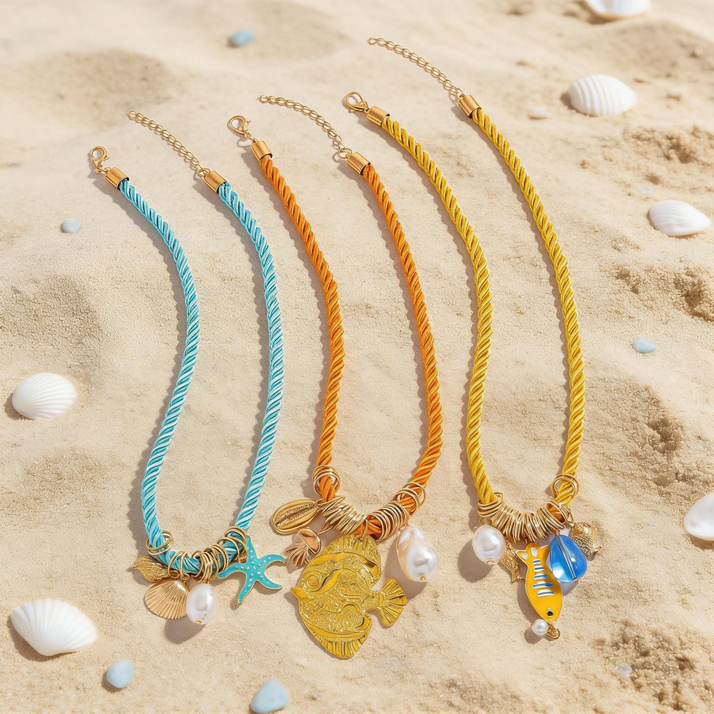 Dvacaman 3Pcs Boho Layered Beach Style Pendant Rope Necklace for Women, Summer Fish Shell Starfish Charms Necklace Jewelry Gift for Beach Party Festival