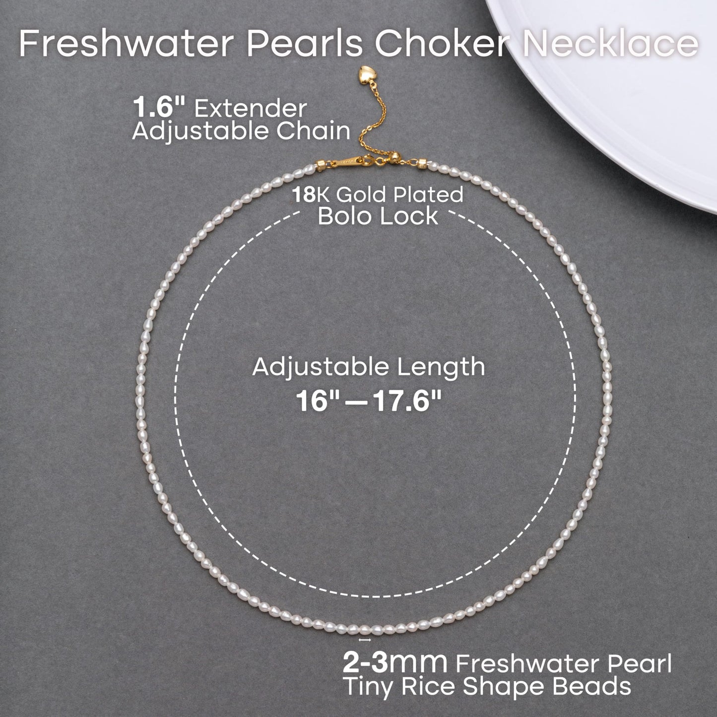 Pearls Necklace, Freshwater Tiny Small Rice Pearls Necklace for Women's Pearl Strand Necklace Chain 18K Gold Plated Hypoallergenic White Necklace as Prom Bridesmaid Birthday Gifts(Rice, 18KGP Lock)