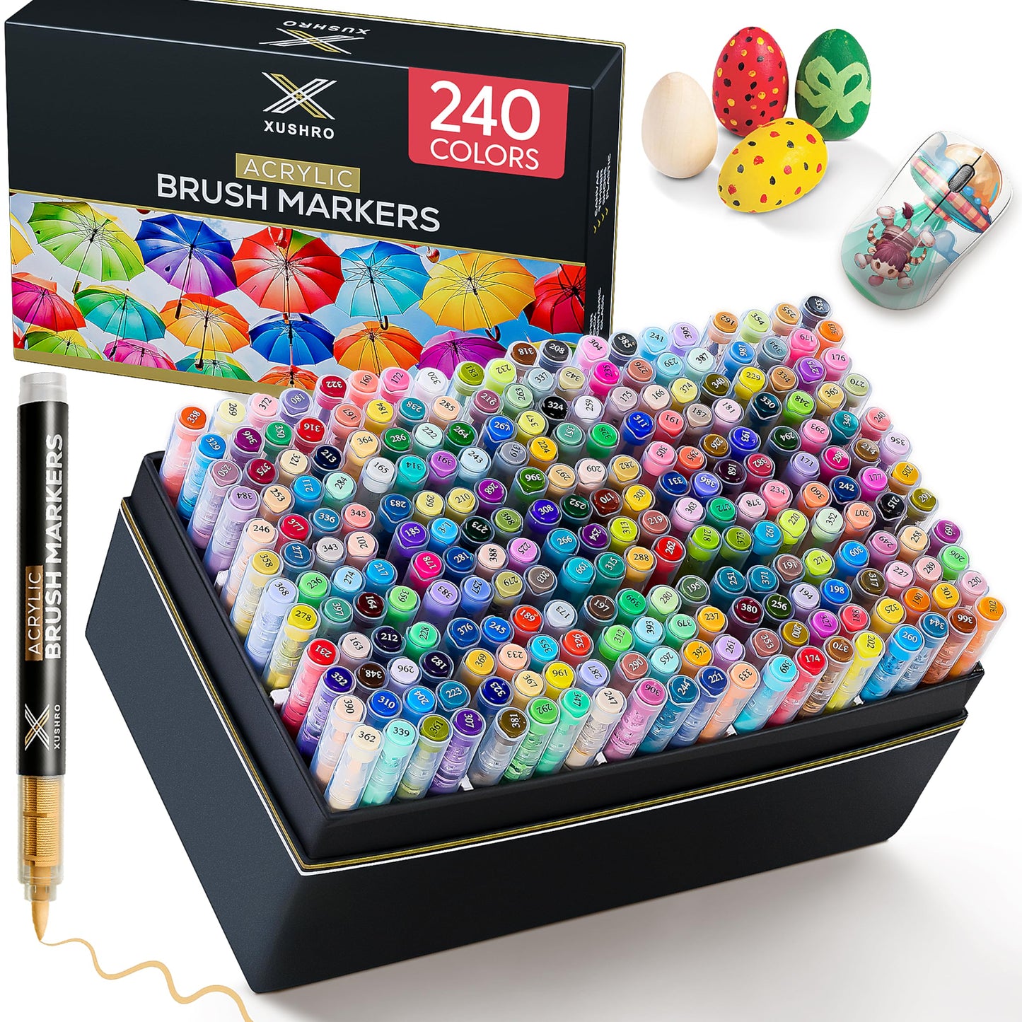 Xushro Acrylic Markers Set - 240 Brush Tip with Waterproof & No-Bleed Lightfast Ink - Acrylic Paint Markers for Rock Painting, Canvas, Wood, Glass, Fabric, & Egg - Arts and Crafts for Adults & Kids