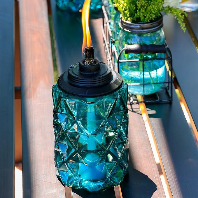 TIKI 2-Pack Topaz Blue Glass TIKI Torches – 65" Outdoor Decorative Torches for Patio, Backyard & Garden – Easy Install, Weather-Resistant with Long-Lasting Wick & Snuffer