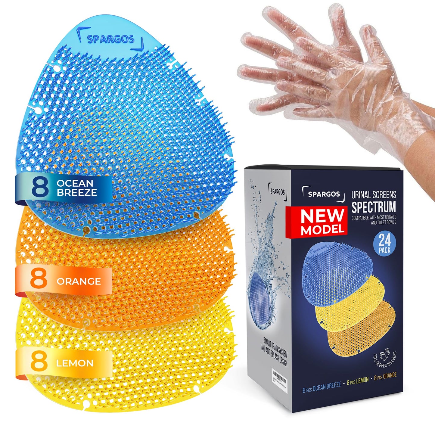 Urinal Screen Deodorizer (24 Pack) Urinal Cakes Fresh 3d Wave Anti-Splash Odor protection for Toilets in Bathroom Office Stadiums Schools with Free Gloves - 8 pcs Blue 8 pcs Yellow 8 pcs Orange