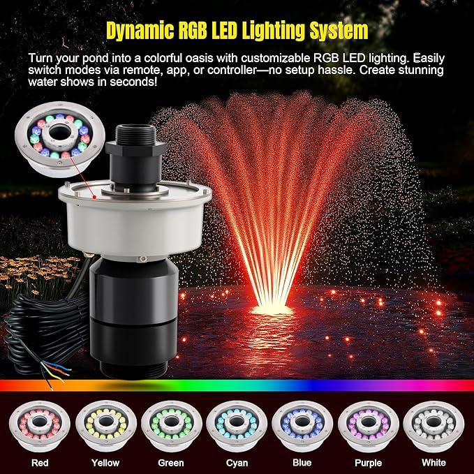 Pondvita RGB LED Pond Fountain Aerator 750W with Color-Changing Light Show, 1HP 15000 GPH Floating Aerating Pump, 100ft Power Cord, Controller, APP & Remote Control, Perfect for Ponds & Lakes(120V)