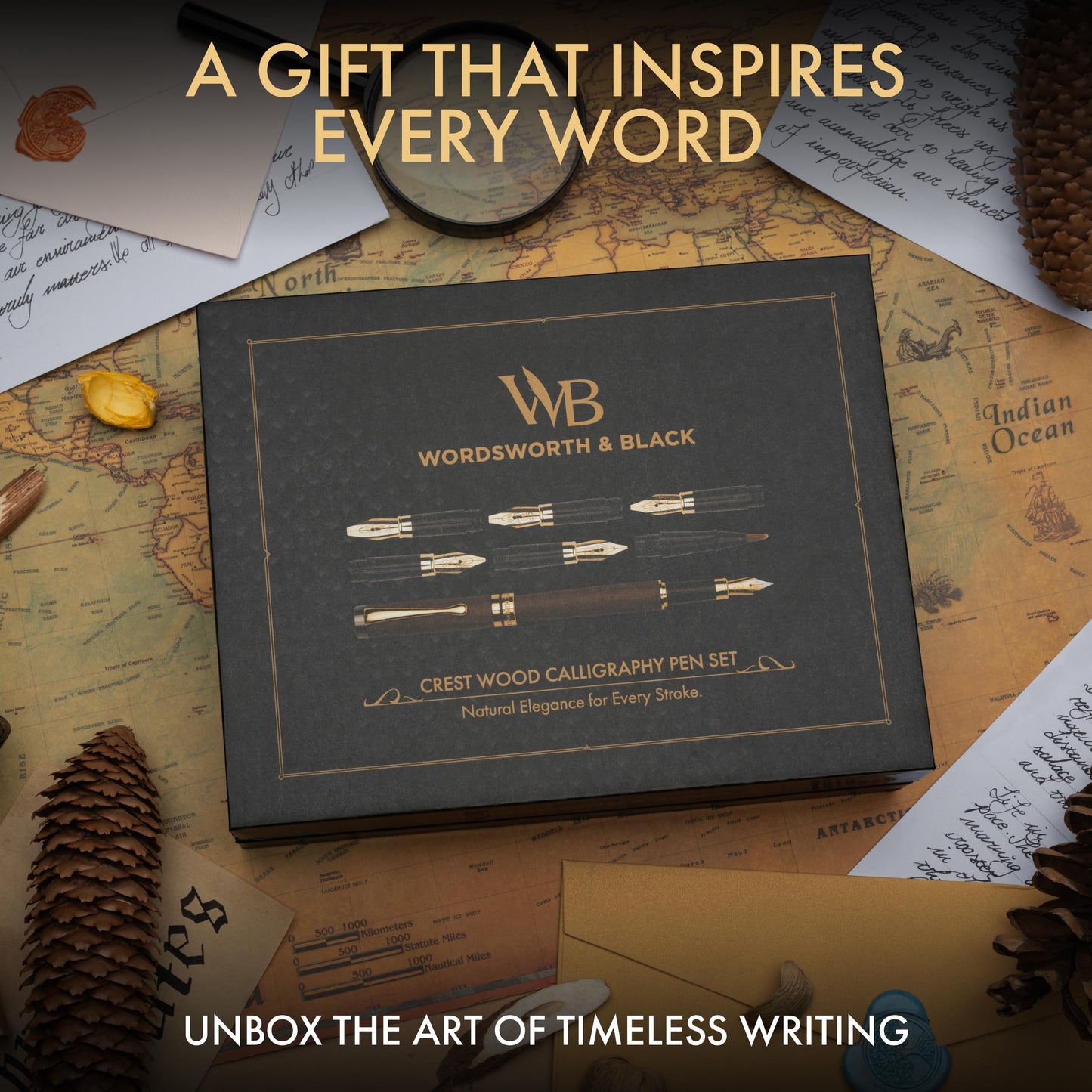 Wordsworth & Black Calligraphy Pen Gift Set, Includes Ink Bottle, 6 Ink Cartridges, Ink Refill Converter, 6 Replacement Nibs, Luxury Bamboo, Journaling, Smooth Writing Pens [Brown Wood]