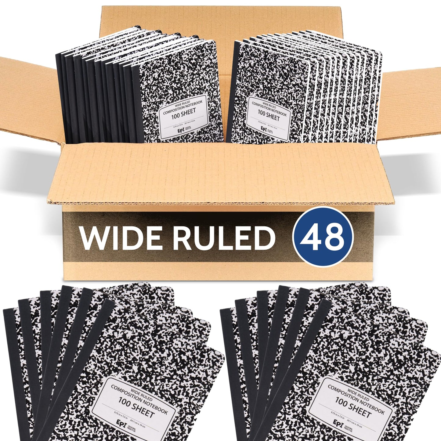 48 Pack - EPI Marble Hardcover Wide Ruled Composition Notebook | 200 Pages (100 Sheets), 9.75 x 7.5 in, Sturdy Sewn Binding | School, Office, Journaling, Notes