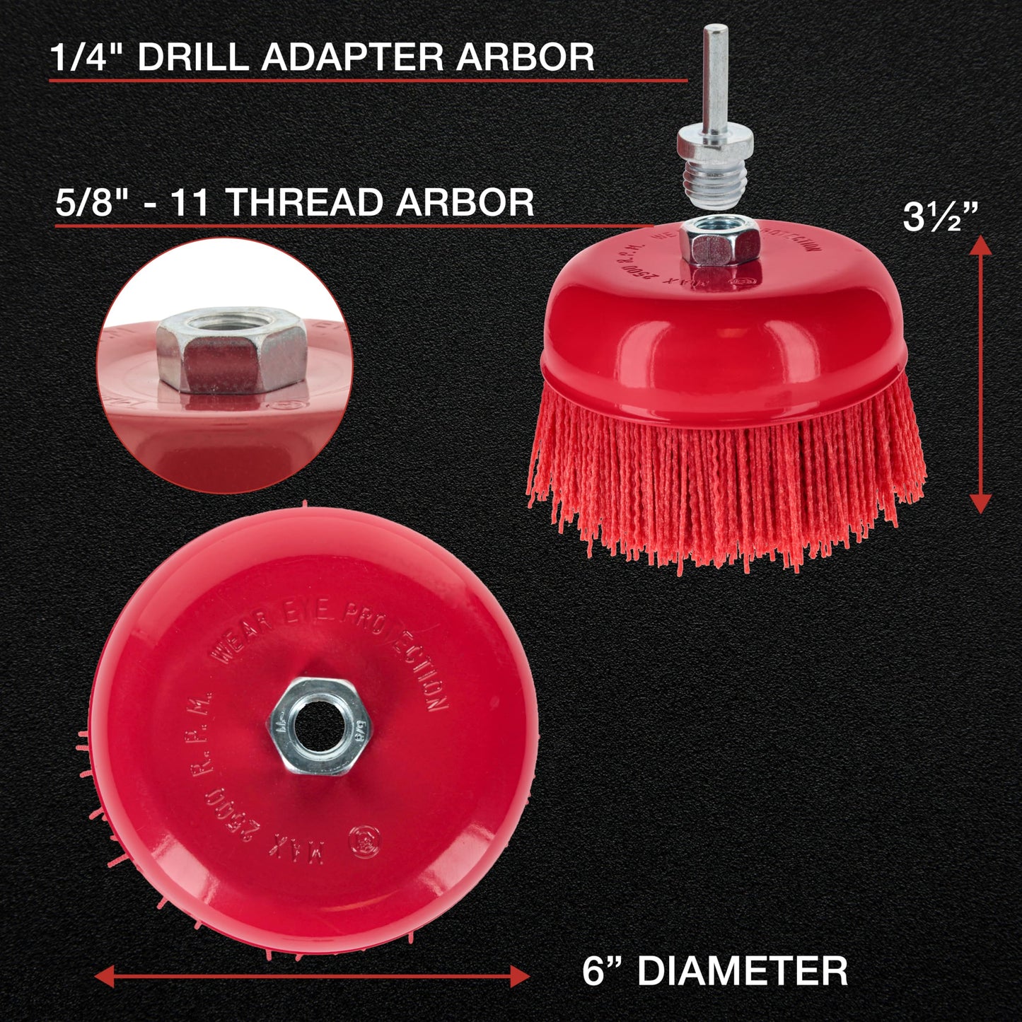 Dura-Gold 6" Abrasive Filament Nylon Bristle Cup Brush - 5/8" 11 Thread, 1/4" Hex Drill Shank Arbor, Coarse Grit Angle Grinder Brush for Truck Bed Liner Surface Prep, Sanding, Rust & Paint Removal